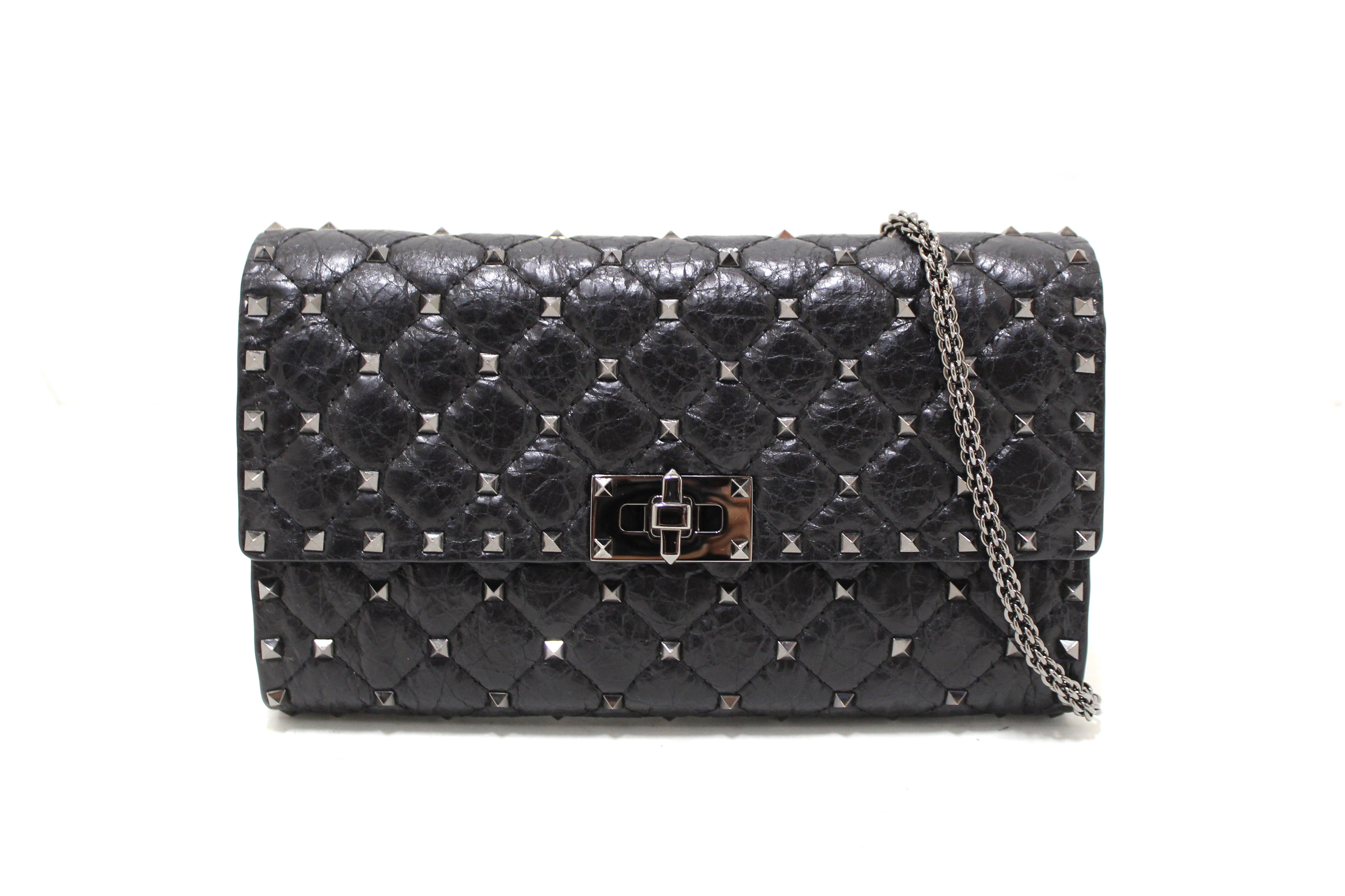 Authentic Valentino Garavani Black Quilted Nappa Leather Rockstud Spike Crossbody Clutch Bag - Luxury Designer Handbag for Women, Perfect for Evening Parties, Date Nights & Special Occasions