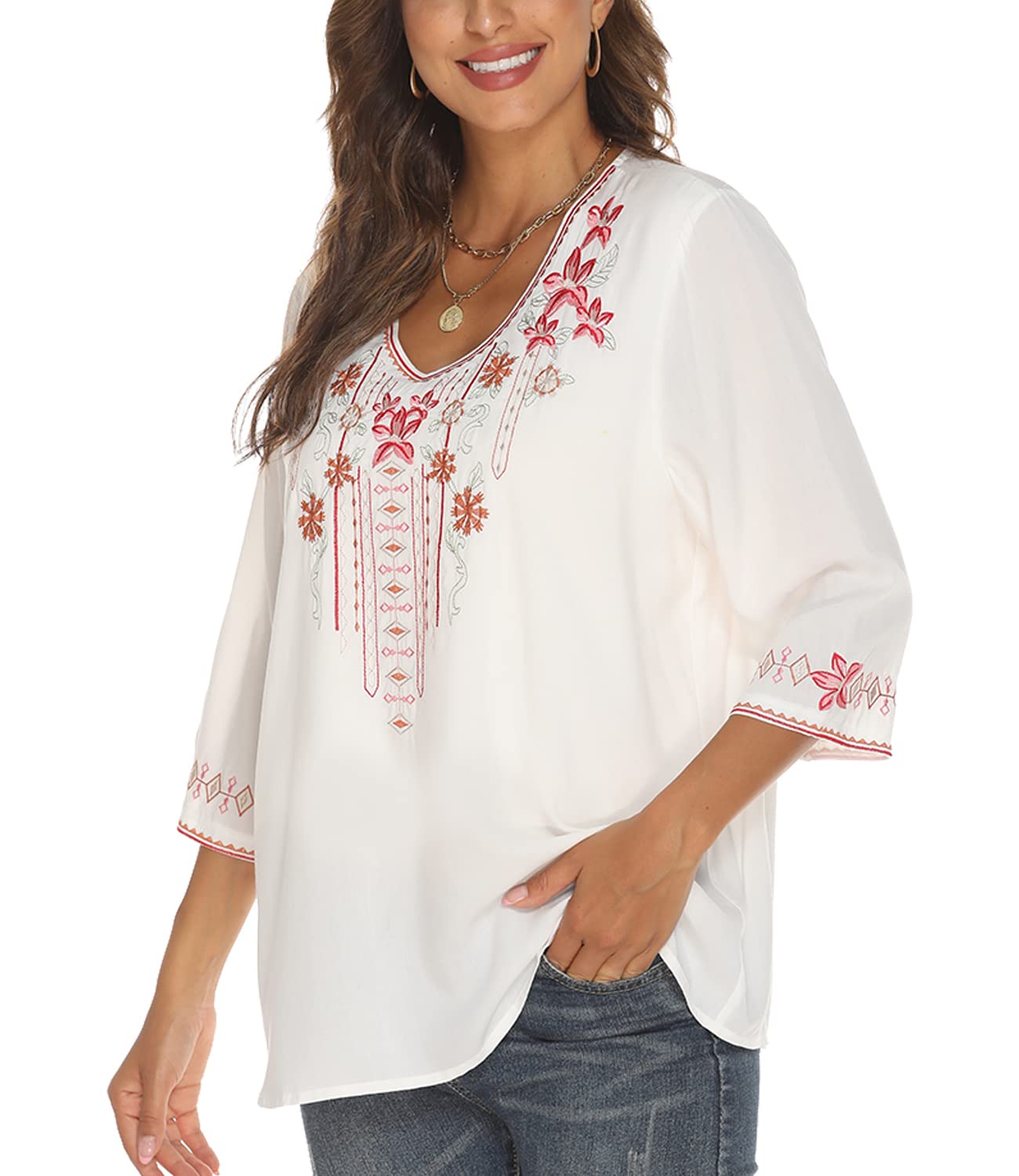 Higustar Women's Mexican Embroidered Bohemian Peasant Blouse - 3/4 Sleeve Boho Tunic Top for Festivals, Beach & Casual Wear | Hippie Style Summer Shirt