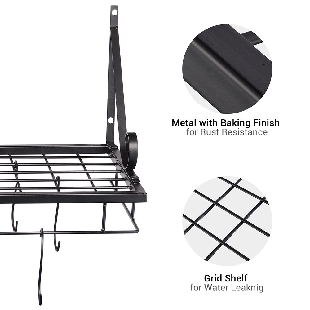 TheLAShop Heavy Duty Wall Mounted Pots and Pans Organizer with 10 Sturdy Hooks - Space Saving Kitchen Storage Solution for Cookware, Utensils & More