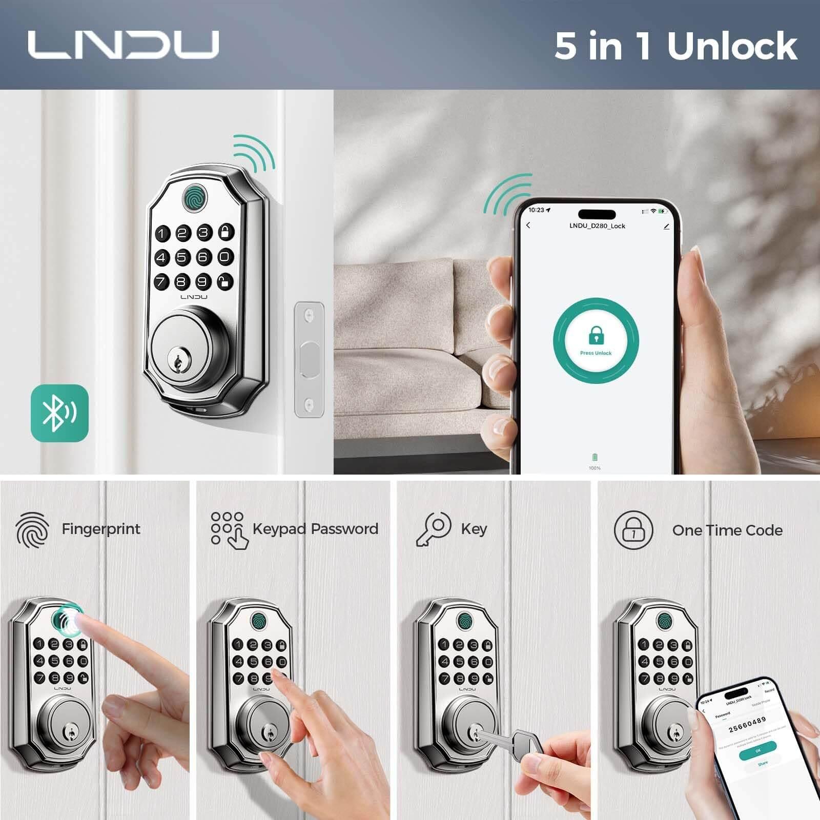 Smart LNDU D280 Keyless Entry Door Lock - Fingerprint, App Control, Auto-Lock - Secure Your Home, Office & Vacation Rental