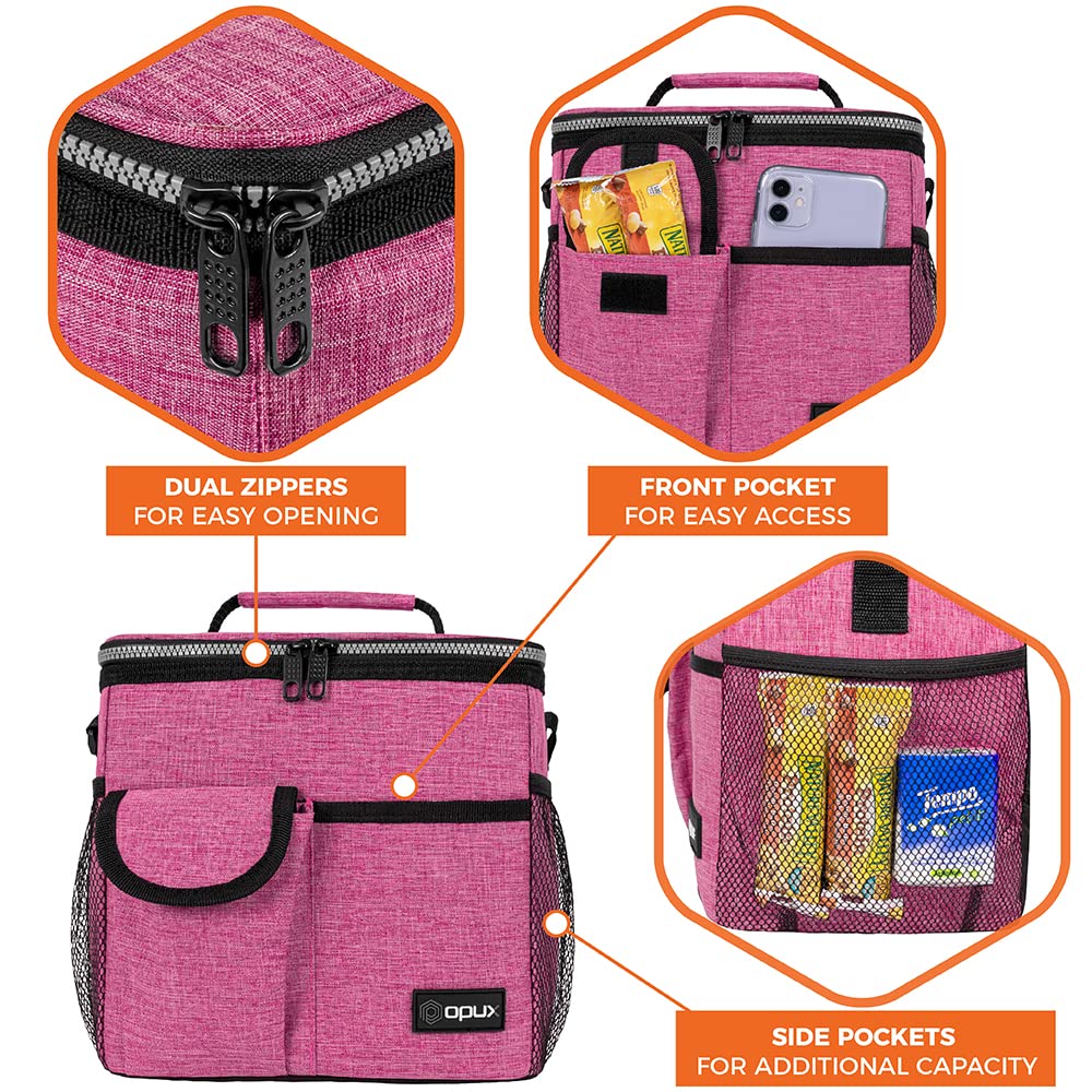 OPUX Insulated Lunch Bag - Leakproof Heather Pink Lunch Box for Work & School, Portable Soft Cooler Bag with Shoulder Strap for Men, Women & Kids - Holds 18 Cans/10L - Perfect for Office, Picnics & Outdoor Activities