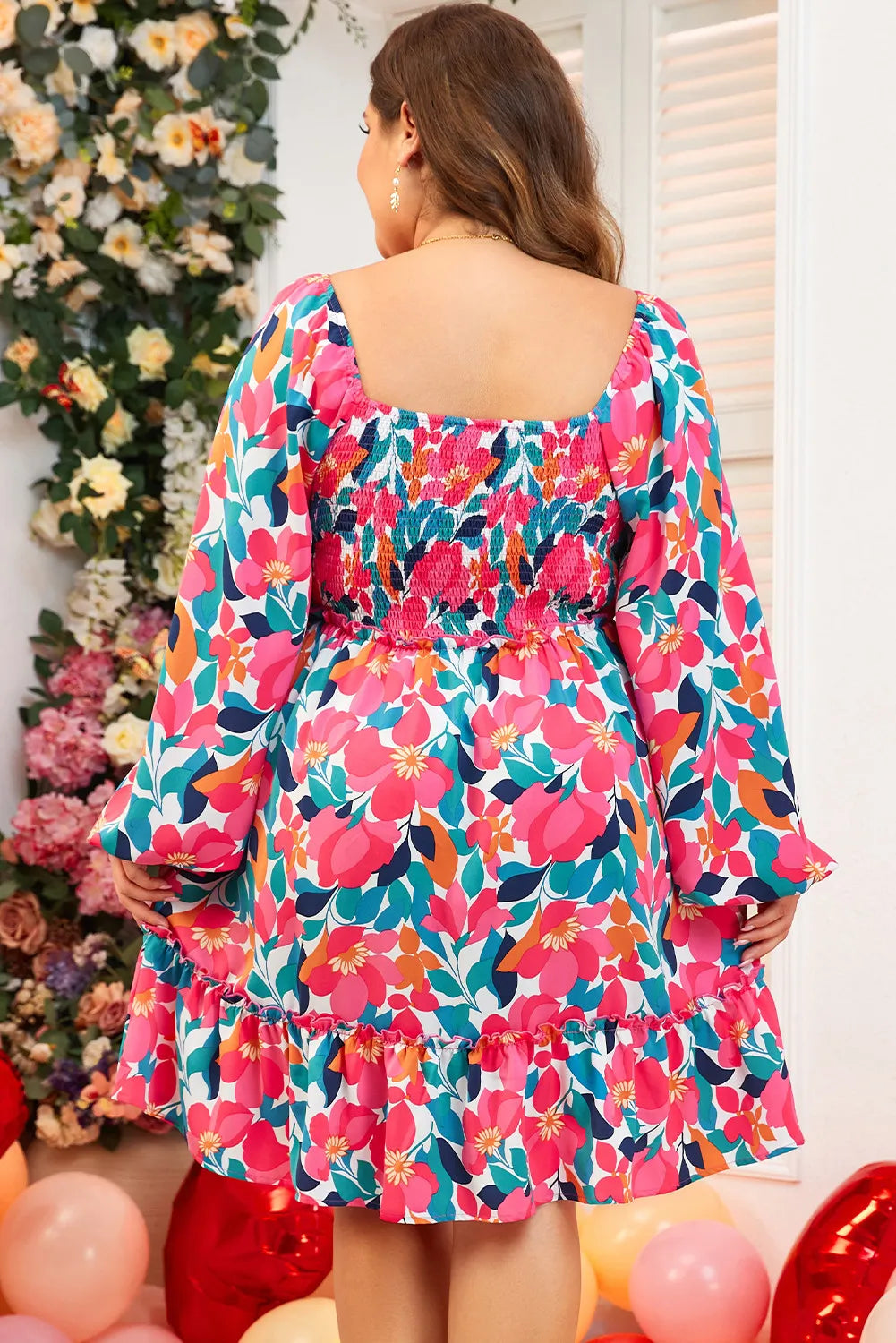 Plus Size Floral Print Smocked Square Neck Balloon Sleeve Dress for Women | Summer Wedding Guest Dress & Casual Party Wear