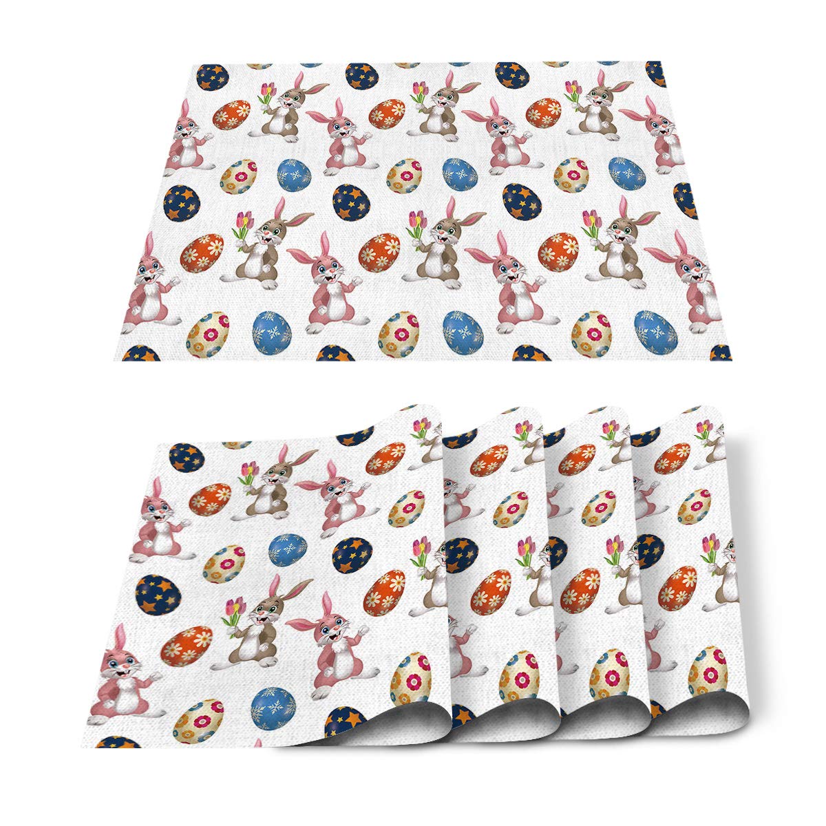 Stylish Easter Themed Placemats Set of 4 - Colorful Rabbit & Egg Pattern, Non-Slip Thermal Insulation Table Mats for Dining & Kitchen Decor - Washable & Durable for Holiday Meals, Family Gatherings & Everyday Use
