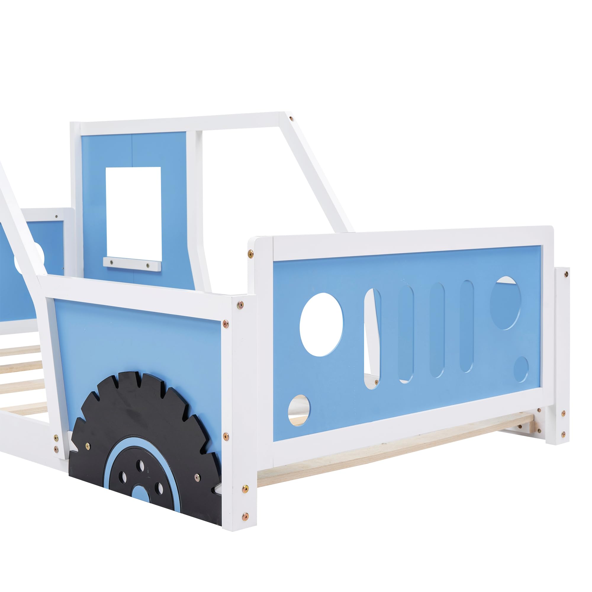 Wooden Twin Size Car-Shaped Floor Bed with Wheels, Doors & Windows - Sturdy Slat Support Platform Bed for Kids Boys & Girls (Blue) - Perfect for Playrooms, Bedrooms & Themed Kids' Spaces