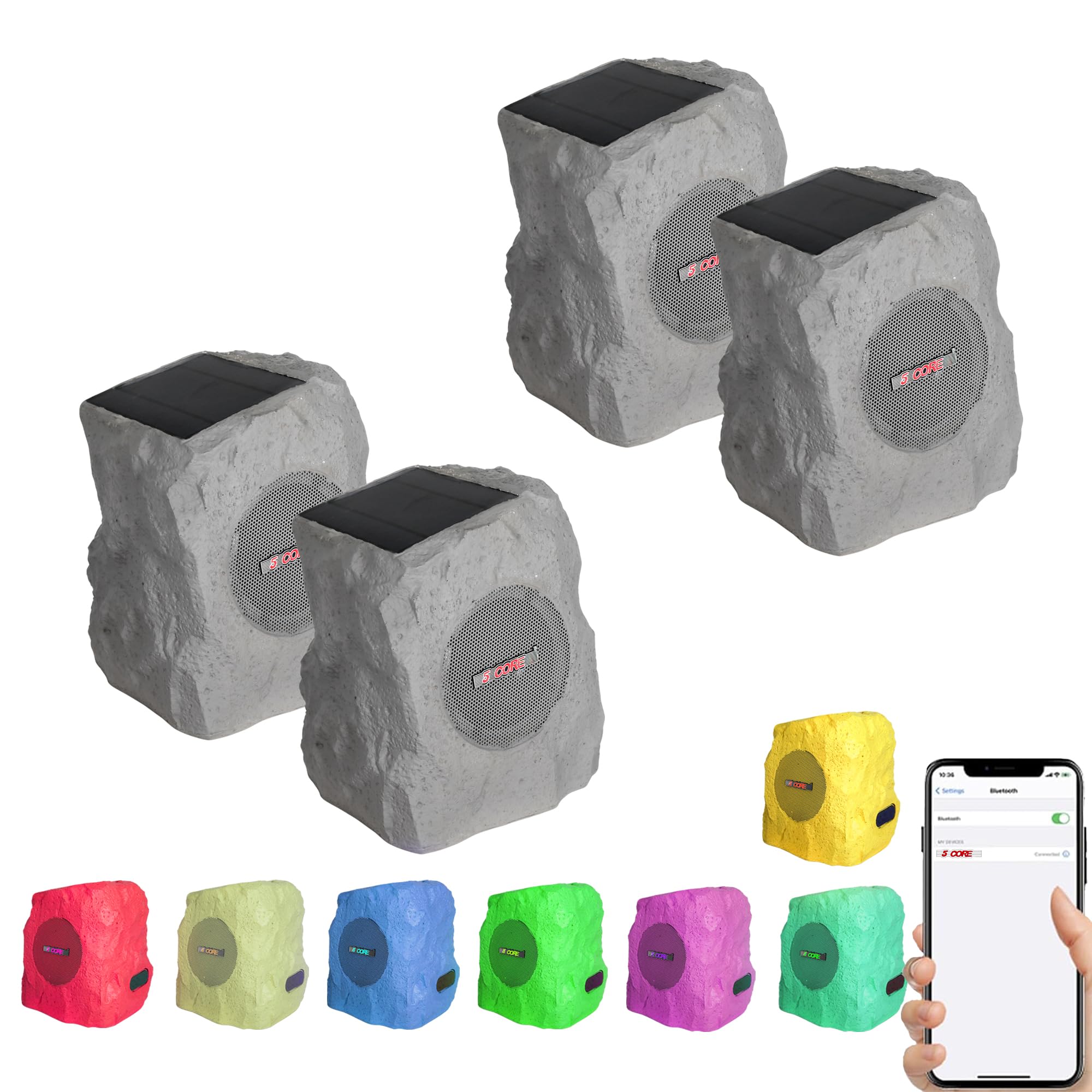 5 CORE Rock Garden Wireless Outdoor Speakers 4 Pack - IPX6 Waterproof Bluetooth 5.3 with Solar/USB Charging, 7 LED Lights, 6H Playtime - Perfect for Patios, Decks, Poolside & Landscaping (Gray)