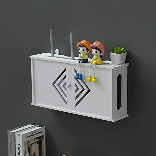Wall Mounted WiFi Router Box Shelf - White Cable Management Organizer for Wireless Router & Power Cords | Home Office Network Setup, Living Room Electronics Storage, Neat Internet Modem Organization