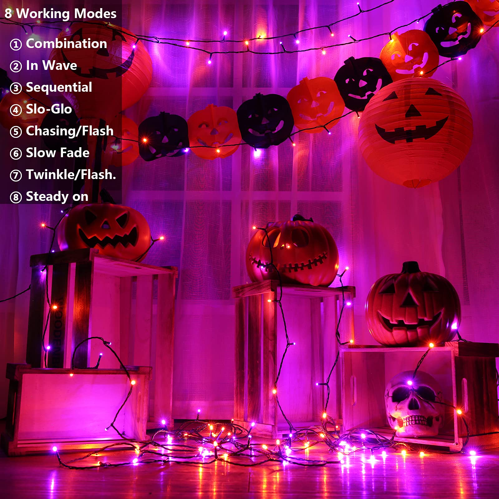 Joomer 2 Pack Halloween Solar String Lights - 144 FT 400 LED Orange & Purple Waterproof Outdoor Lights with 8 Modes for Halloween Decorations, Garden, Patio, Yard, and Party Lighting