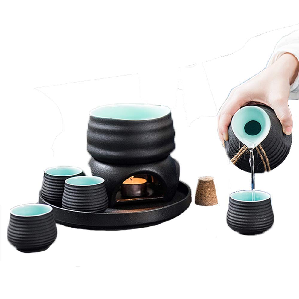 Premium 8-Piece Japanese Sake Set - Traditional Black Glaze Wine Glasses with Candle Warmer & Stove - Ideal for Sake, Shochu, Tea (Hot/Cold/Warm) - Perfect for Home Entertaining, Japanese Dining, and Gift Giving