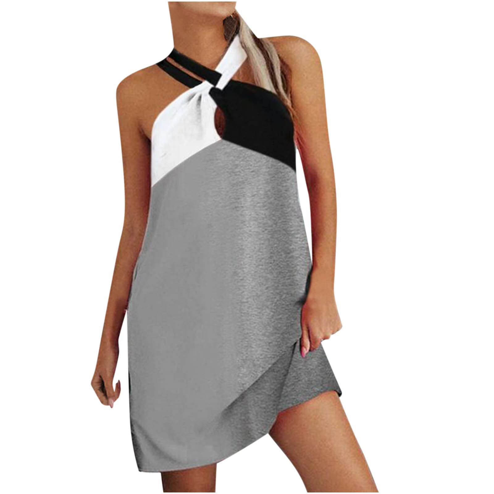 Ylioge Women's Y2K Fashion Sexy Sleeveless Printed Party Dress - Color Block Halterneck Mini Vest Dress for Nightclub, Date Night & Summer Outfits