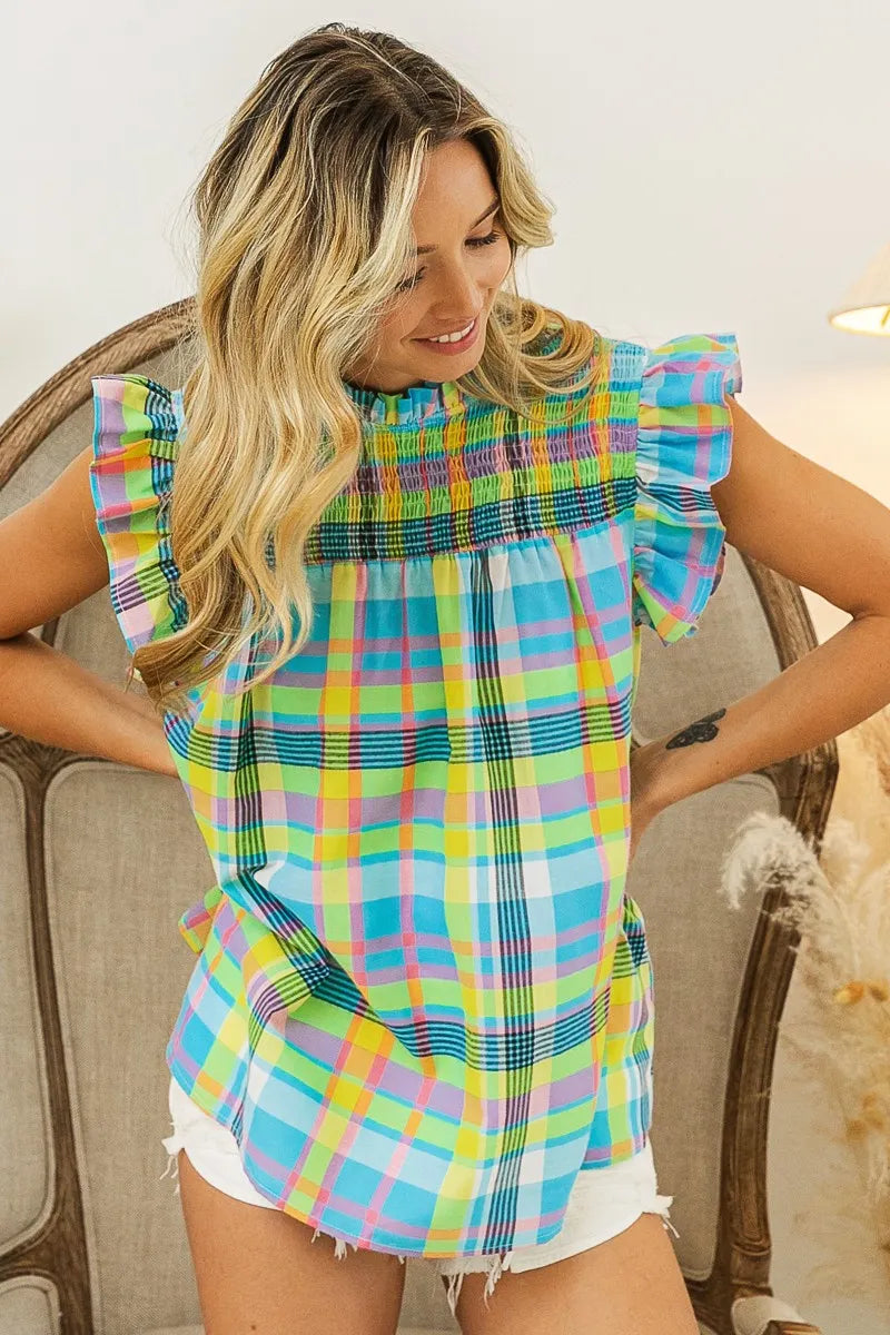 BiBi Women's Multi-Color Check Plaid Woven Blouse - Casual Office Wear & Spring Outfit