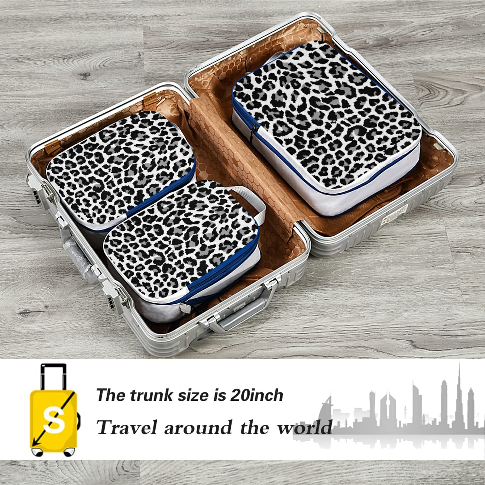 Seamless Grey Black Leopard Print 3-Piece Expandable Luggage Packing Cubes Set - Ultralight Travel Organizer for Suitcase, Adjustable Compressible Bags - Perfect for Business Trips, Vacations & Weekend Getaways
