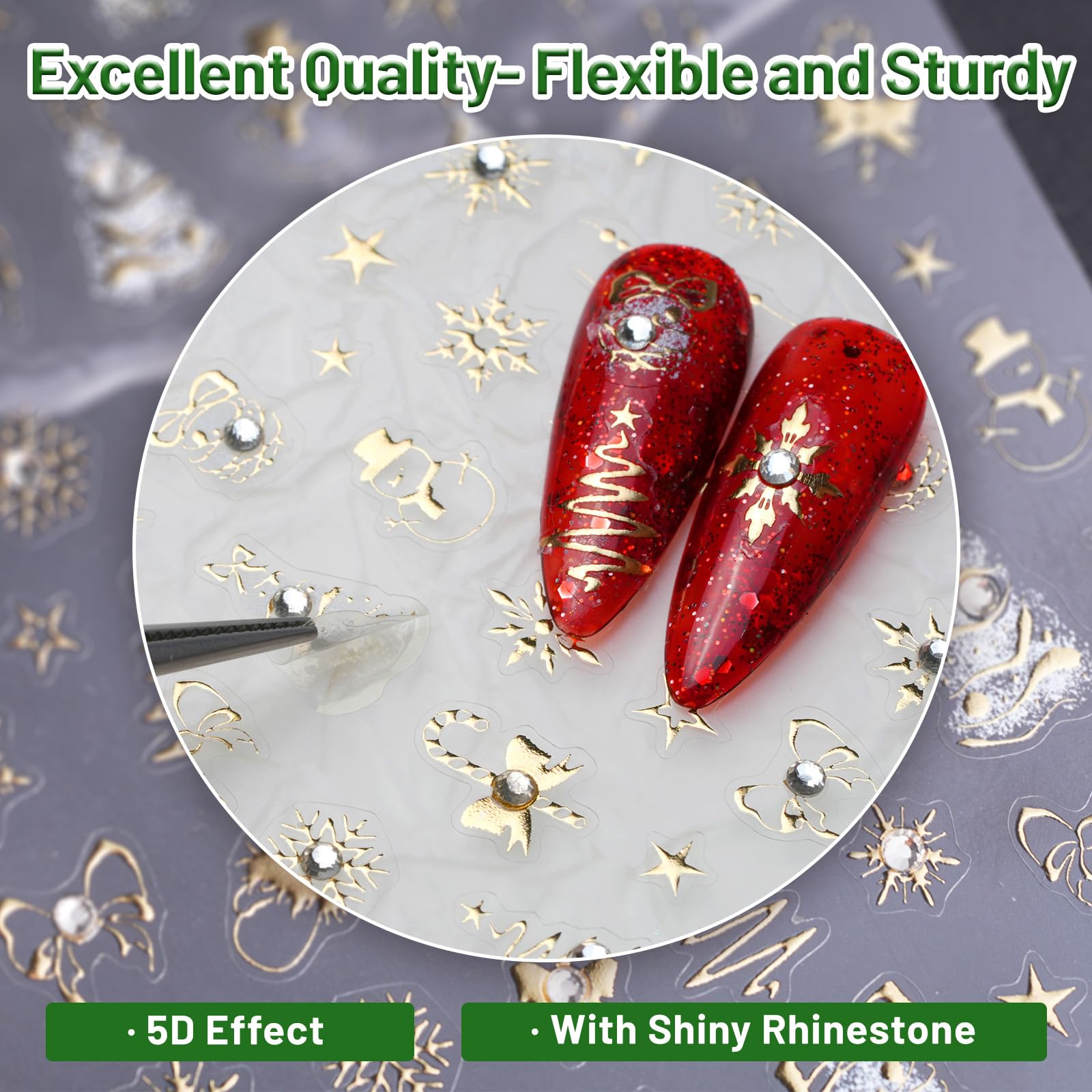 PrettyDiva 3D Christmas Nail Art Stickers - Self-Adhesive Holiday Nail Decals with Gold Charms for DIY Winter Nail Decoration | Perfect for Christmas Parties, Gift Giving & Festive Nail Art Designs