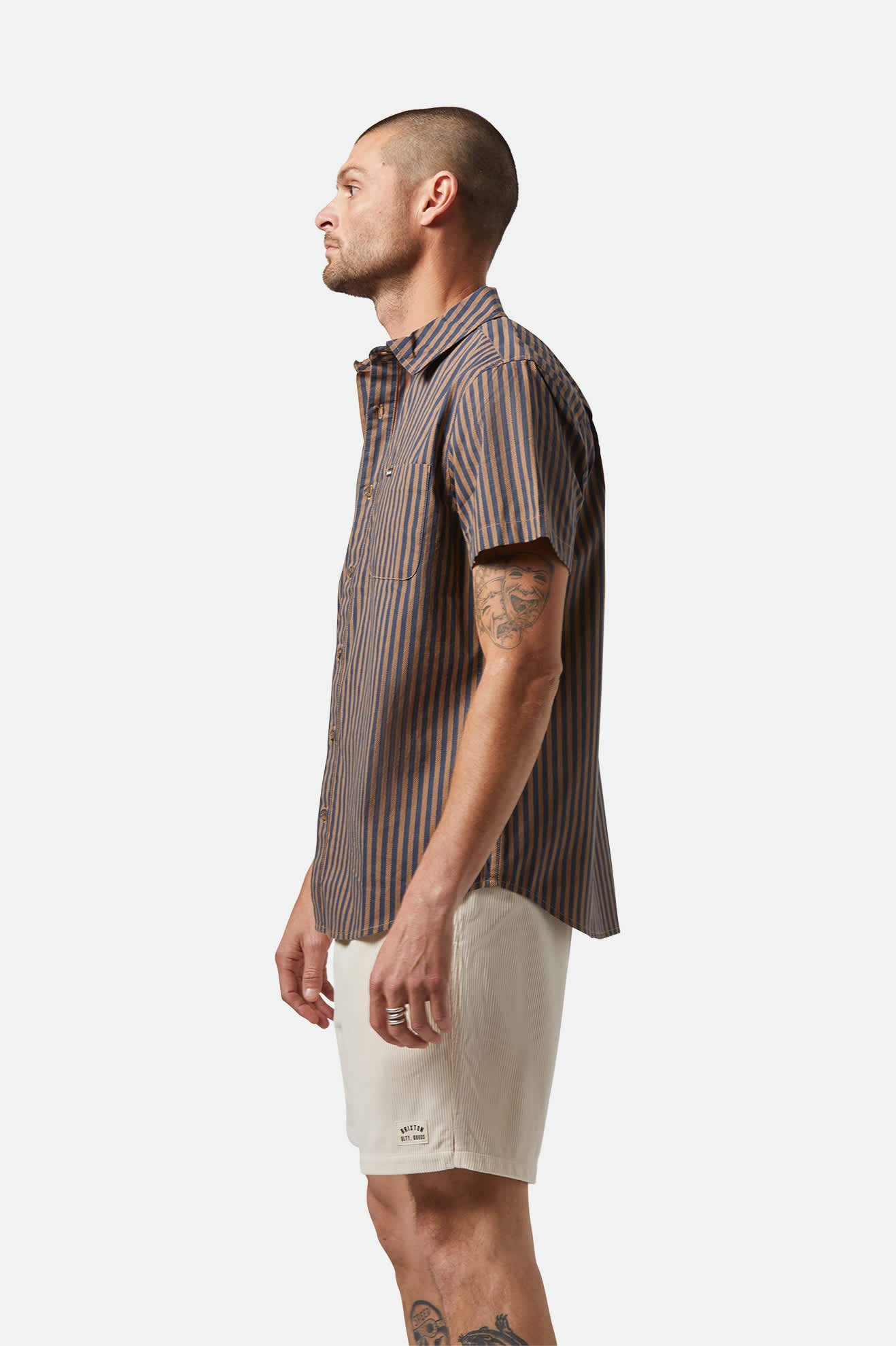 Vintage Washed Blue & Sunnaked Stripe Short Sleeve Charter Print Shirt for Men - Casual Summer Wear, Beach Outings & Street Style Fashion