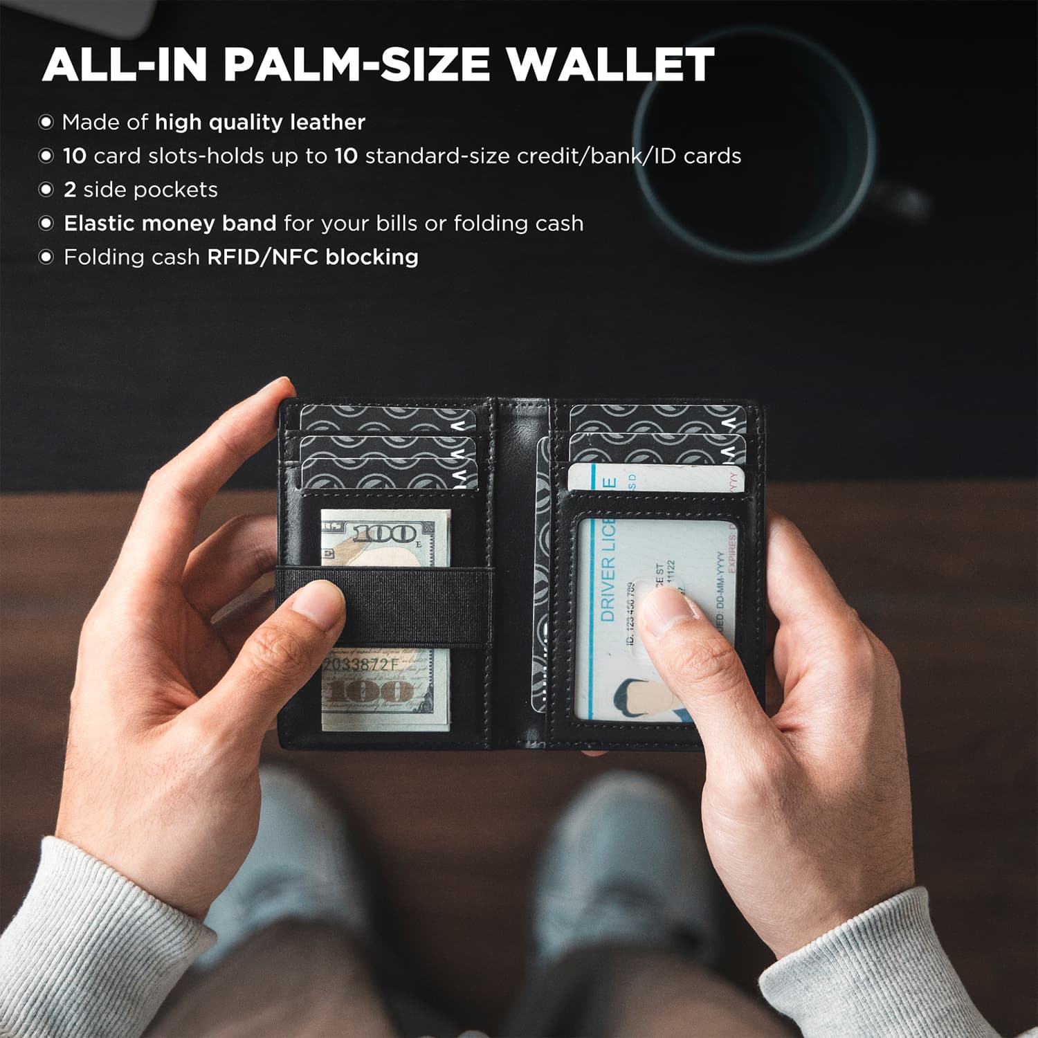 Premium Slim RFID Blocking Leather Credit Card Holder - 10 Card Slots with Money Band - Compact & Secure Wallet for Travel, Business & Everyday Use
