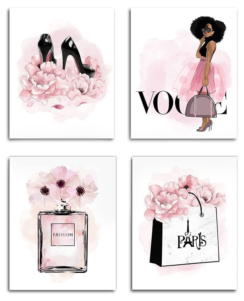 African American Wall Art - Black Girl Pink Flowers Canvas Prints, Set of 4 (8x10in UNFRAMED) - Perfect for Girls Bedroom Decor, Women's Room Aesthetic & Gift Ideas - Wall Paintings Featuring Perfume, Handbags & High Heels - Modern Home & Office Decor