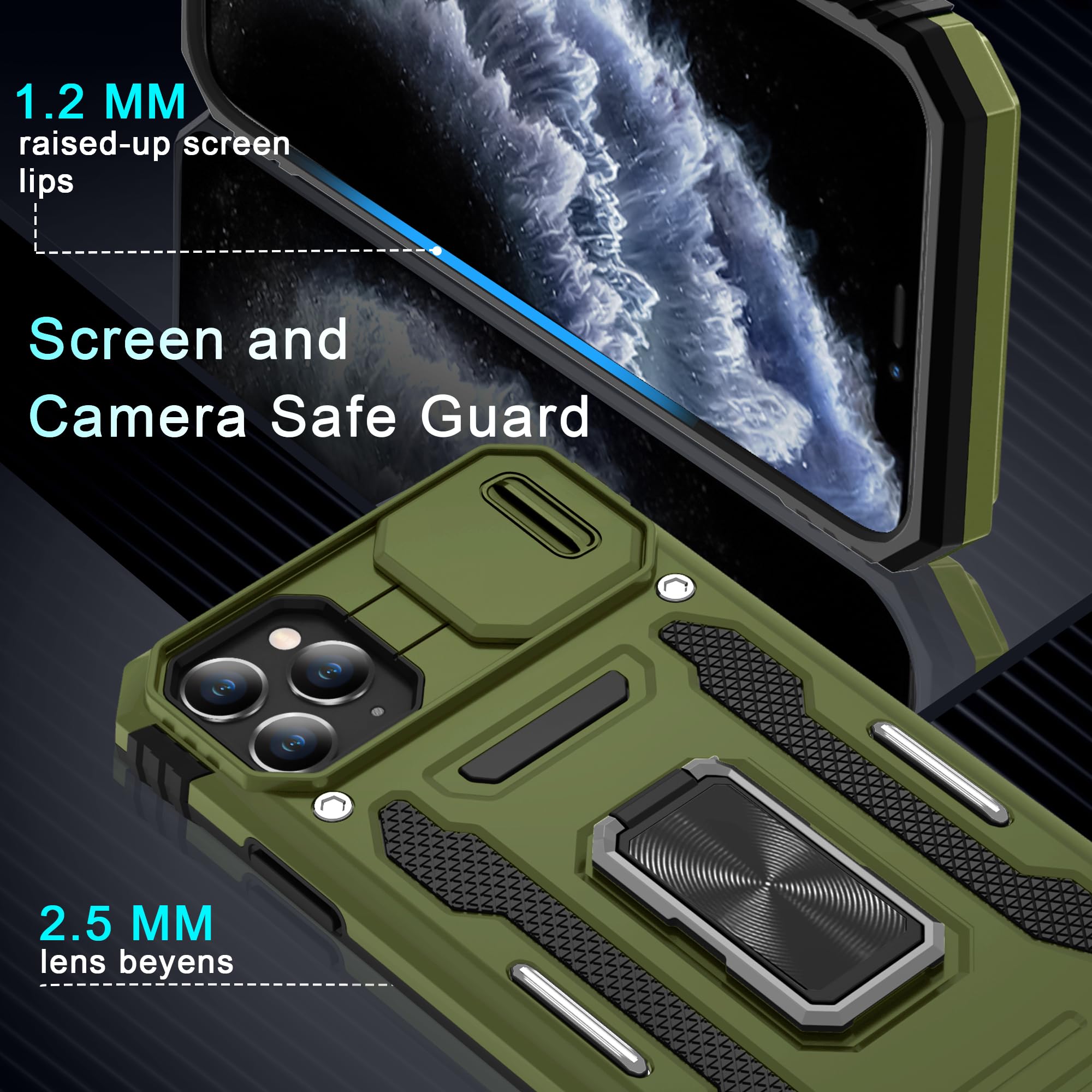 DEERLAMN iPhone 11 Pro Max Case with Slide Camera Cover & Screen Protector (6.5 Inch) - Military Grade Shockproof Protective Cover with Rotating Ring Kickstand in Olive Green | Perfect for Outdoor Activities, Travel & Daily Protection
