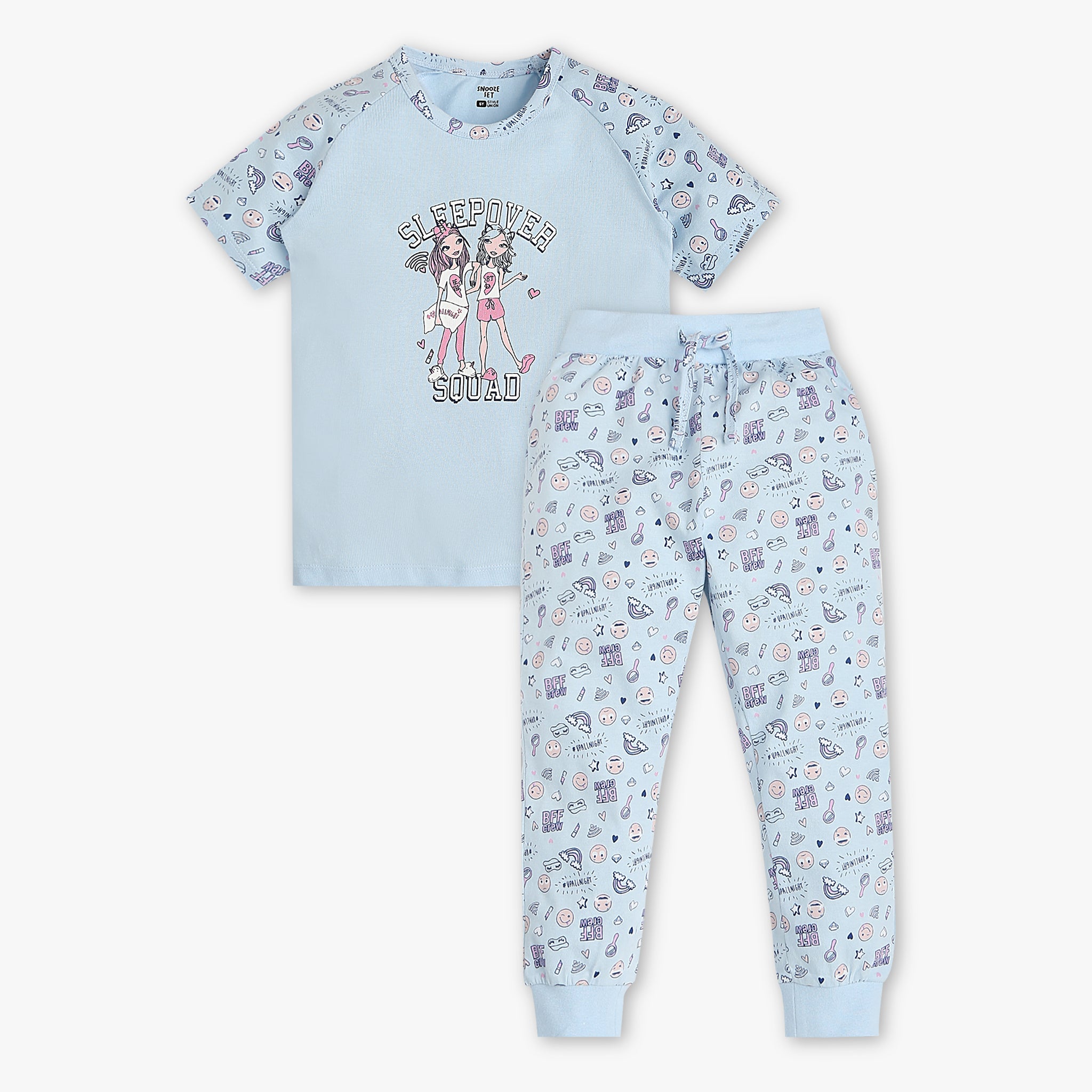 Girls Printed Crew Neck Sleep Set - Soft & Comfortable Snooze Coordinate T-Shirt & Pajama Set for Kids | Perfect for Bedtime, Lounging & Sleepovers