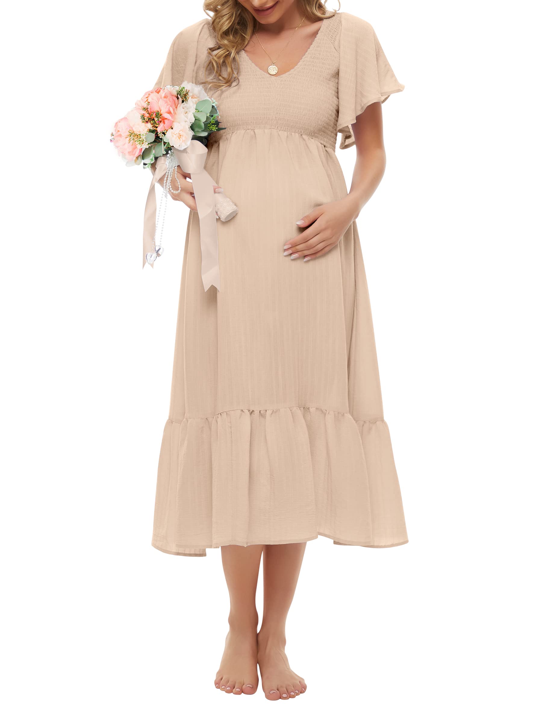 Boho Flutter Short Sleeve Maternity Dress V-Neck Smocked Midi Dress for Baby Shower & Casual Wear - S to 2XL Sizes | Comfortable Pregnancy Dress for Summer, Beach, and Special Occasions