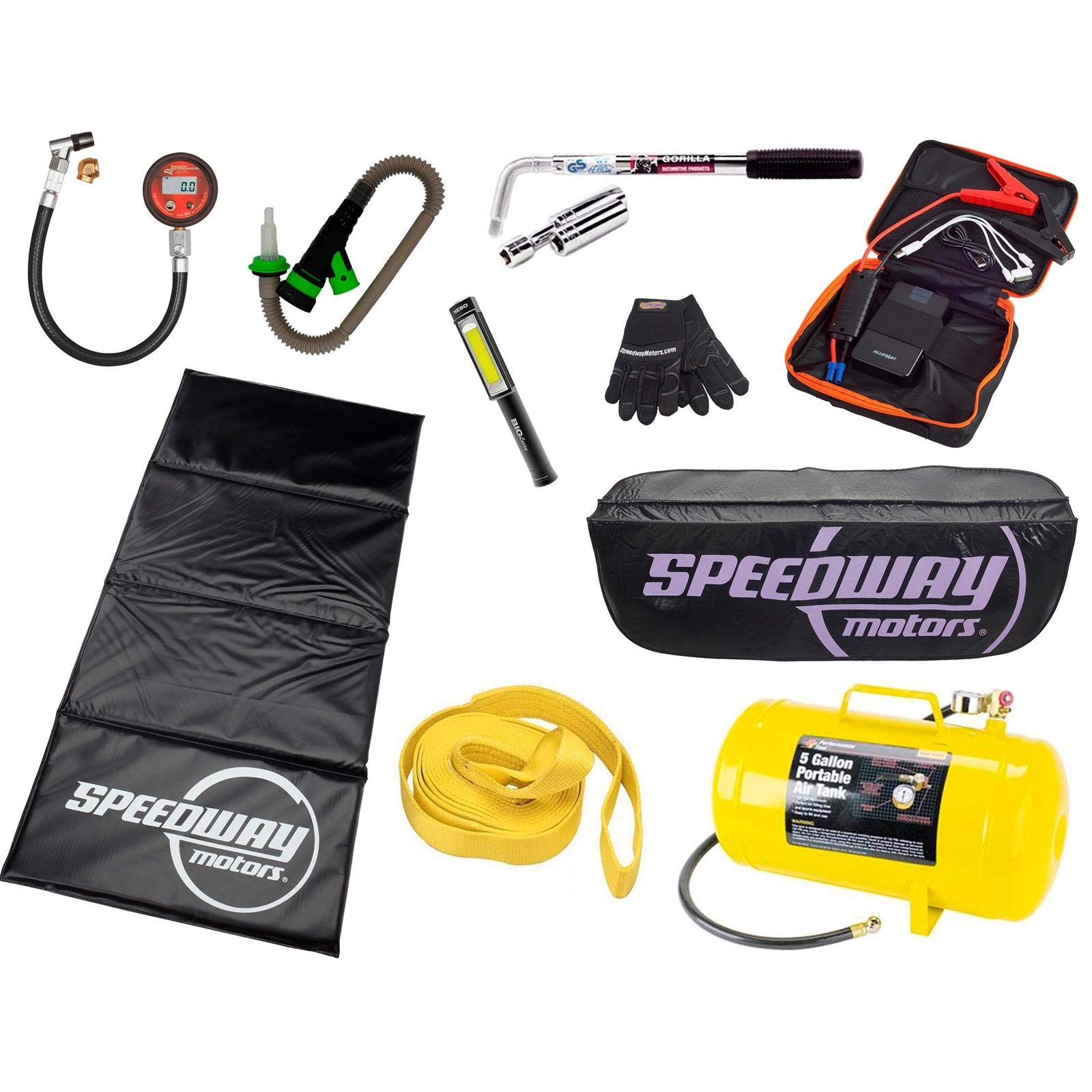 Speedway Motors Roadside Emergency Kit - 12V Portable Steel Air Compressor & Tire Inflator for Cars, Trucks, Motorcycles - Essential Auto Accessories for Road Trips, Camping & Emergency Preparedness