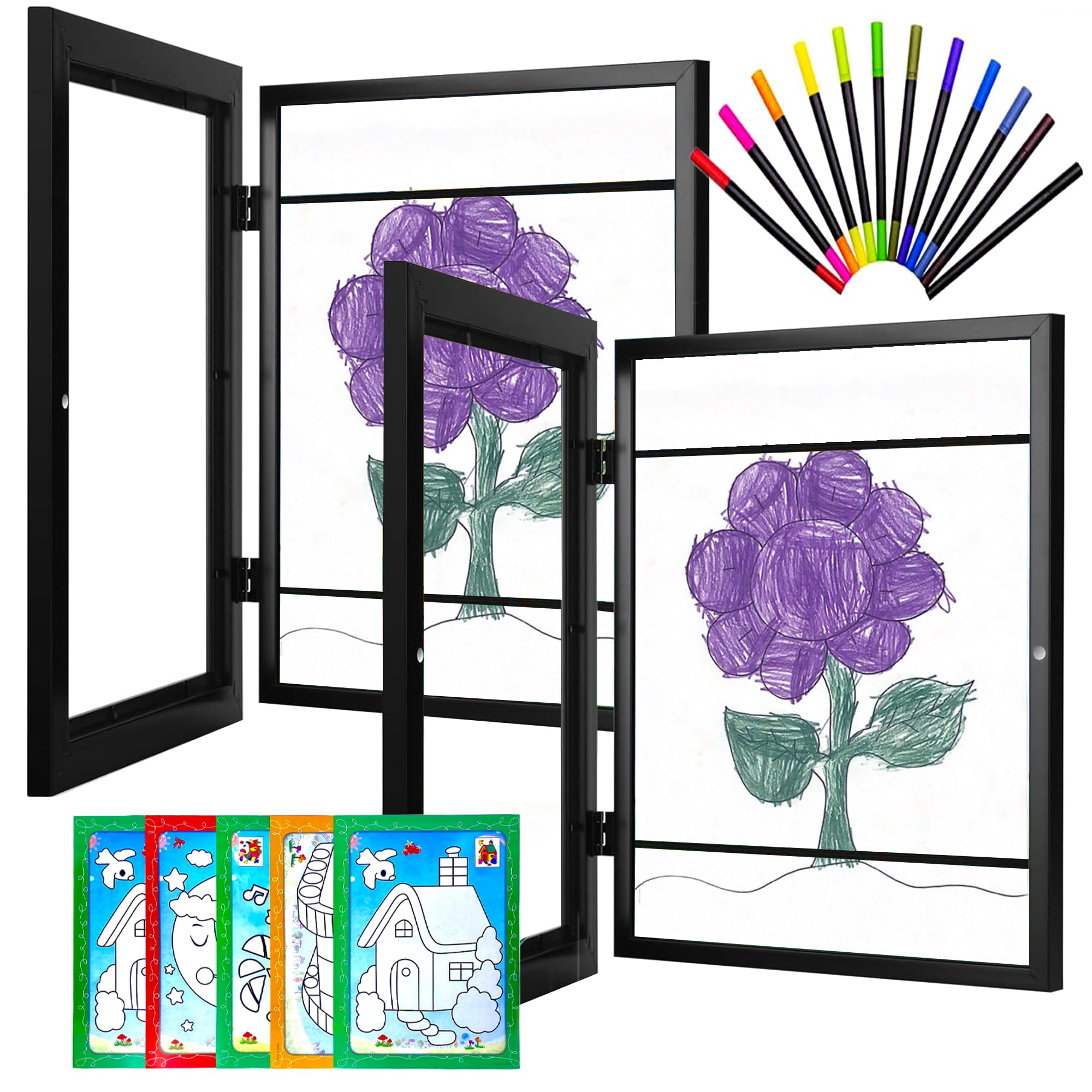 Large Kids Art Frame with 12 Markers & 5 Coloring Pages - 13.5x10.5in for Home & Office Decor