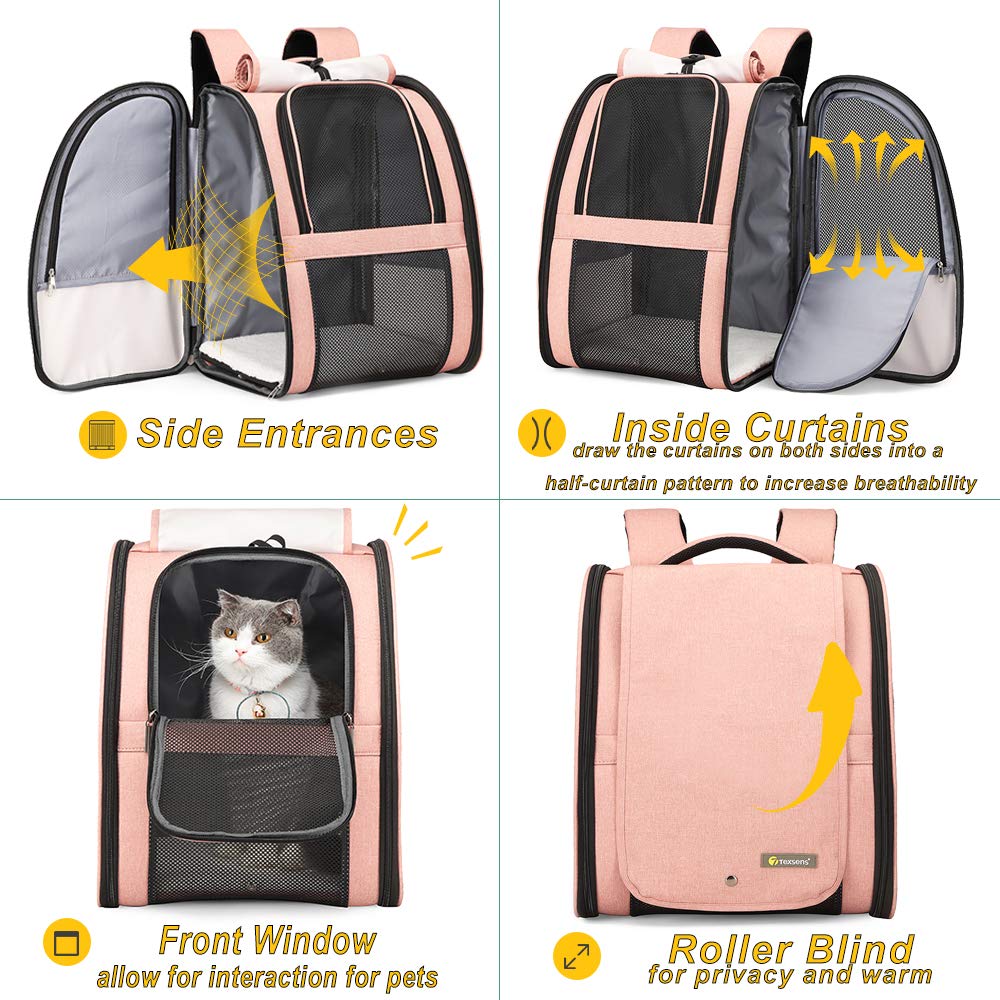 Texsens Pet Carrier Backpack for Small Dogs & Cats - Ventilated Travel Backpack with Safety Straps, Collapsible Design & Window Blind - Perfect for Hiking, Vet Visits, Winter Outings & Airplane Travel