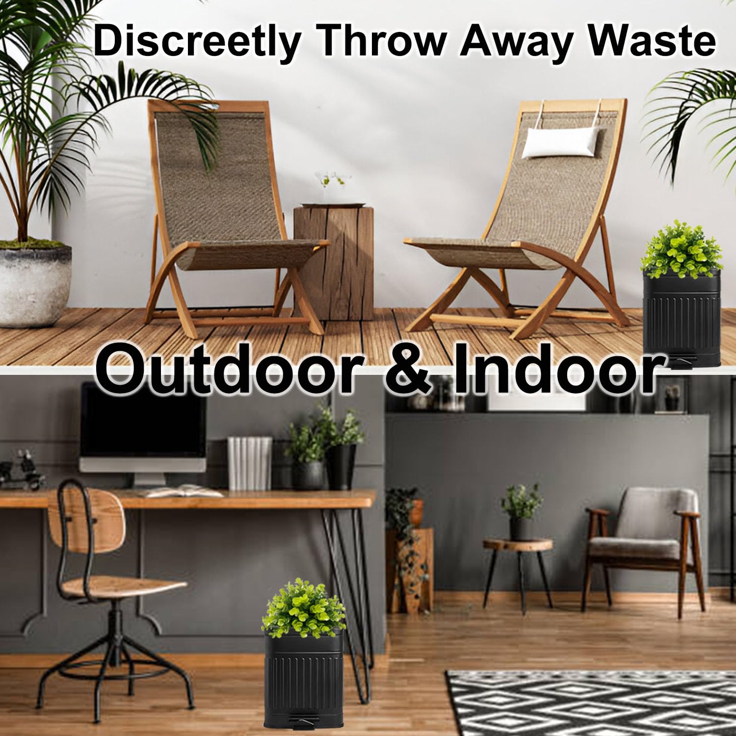 Small Bathroom Trash Can with Lid - Plant-Styled Outdoor Dog Waste Bin - Farmhouse Retro Metal Garbage Can for Office & Home - Dog Poop Container with Pedal & Soft Close - 5L/1.3 Gal Capacity - Black - Perfect for Bathrooms, Patios, Gardens & Pet Areas