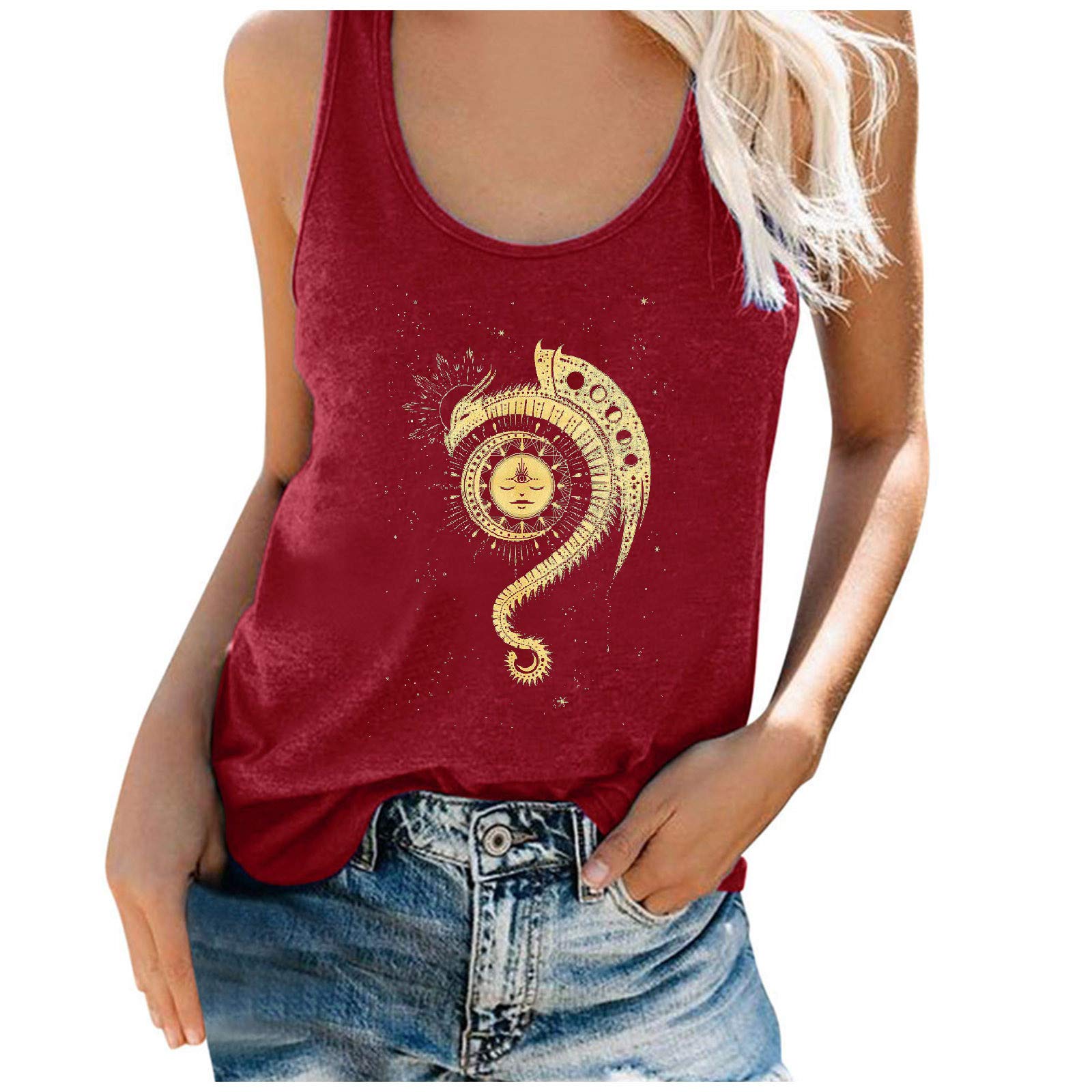 Plus Size Women's Summer Sleeveless T-Shirt - Sun Moon Print O-Neck Casual Tank Top for Workout & Everyday Wear | Closet Staples for Curvy Women