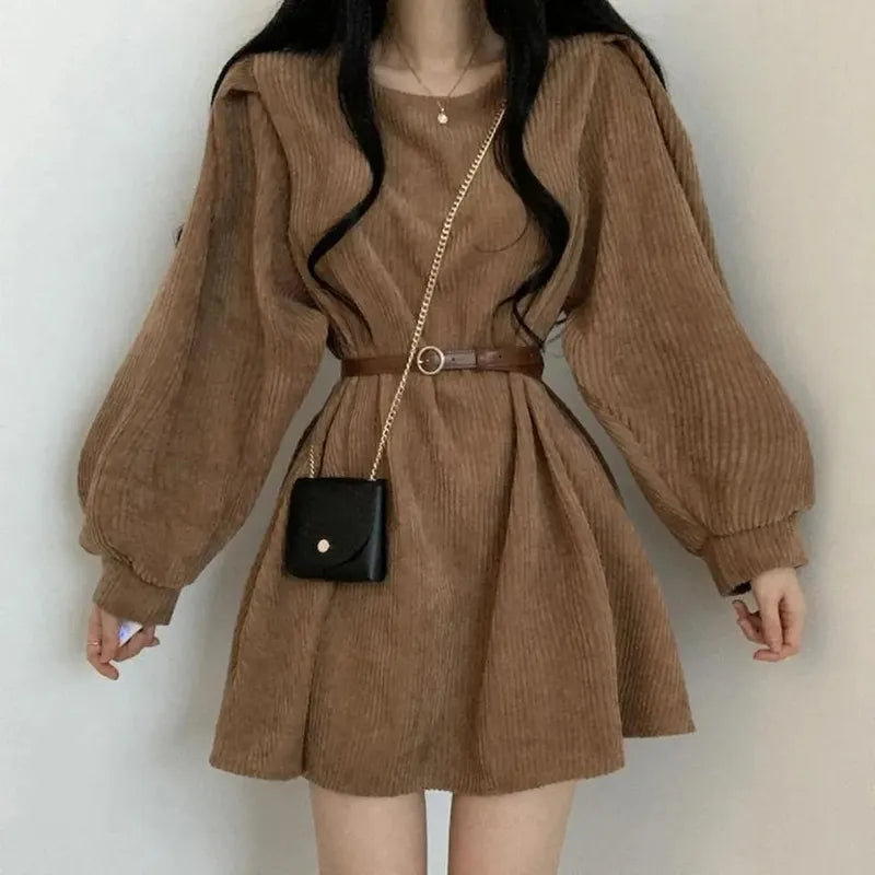 GIDYQ Women's Vintage Corduroy Mini Dress with Belt - Slim Fit Long Sleeve Solid O-Neck Elegant Streetwear for Fall Winter | Perfect for Office, Date Night & Casual Outings