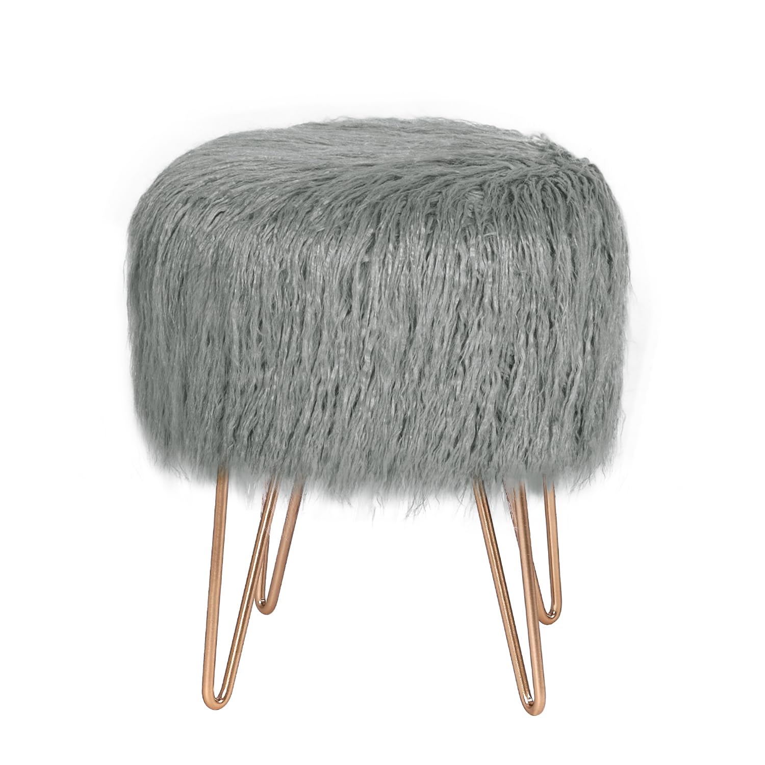 Gray Faux Fur Round Ottoman with Metal Legs - Soft Footrest Stool for Bedroom, Living Room & Nursery | Perfect for Lounging, Reading Nook & Home Decor