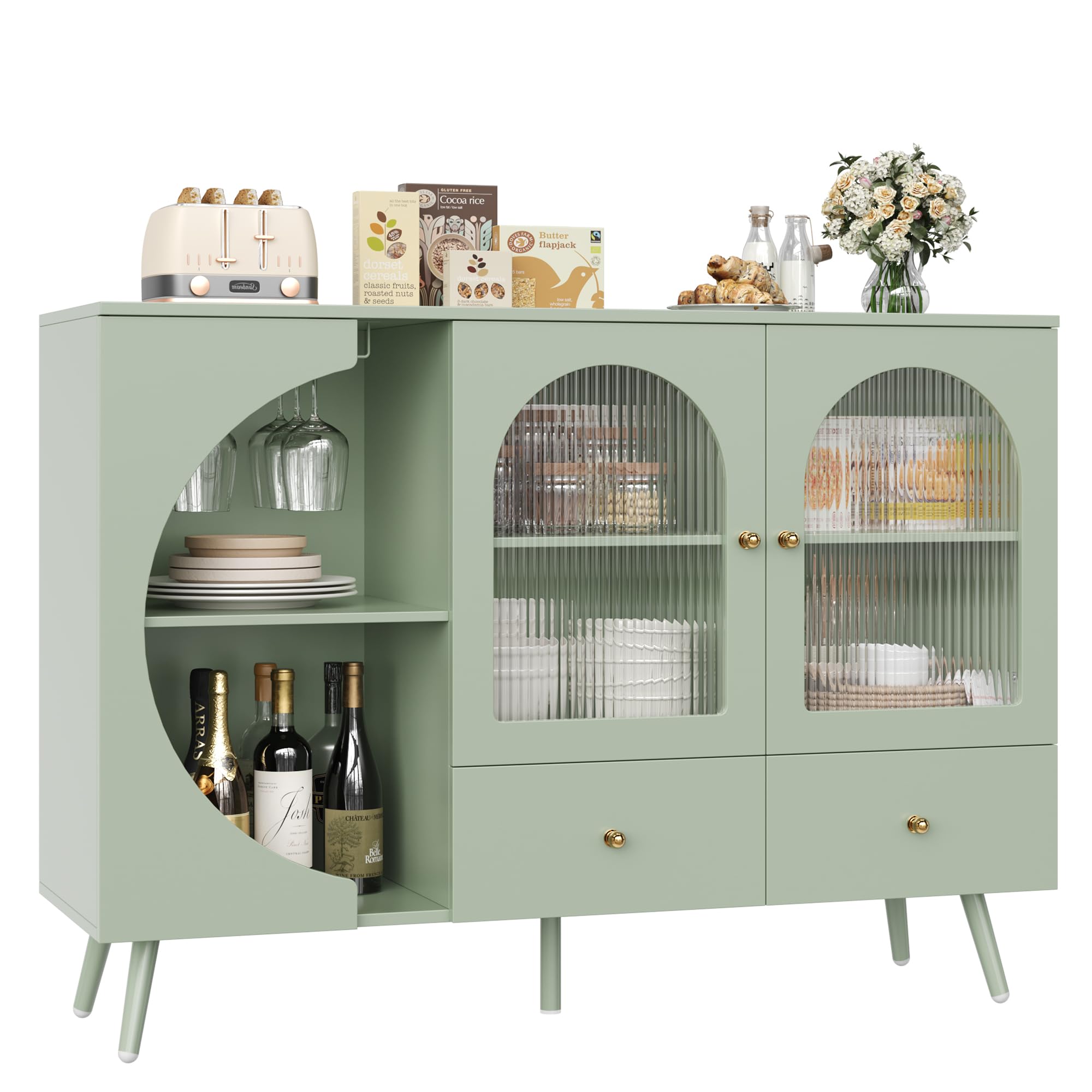 Coffee Bar Cabinet with 2 Drawers & Fluted Glass Door, Modern Buffet Sideboard for Kitchen & Living Room, Stylish Wine Bar Storage Solution, Green - Perfect for Entertaining & Home Decor