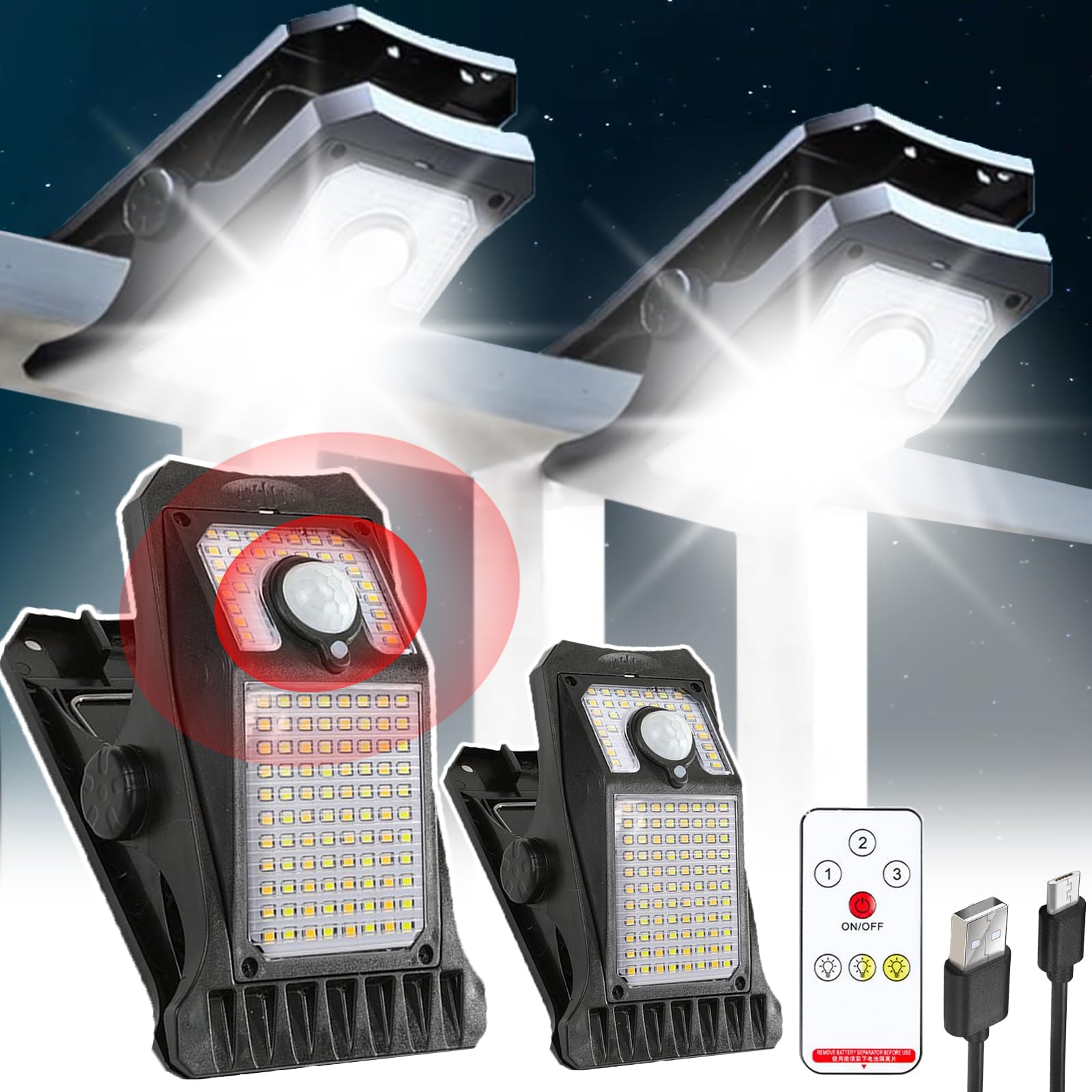 Clip on Solar Lights Outdoor - 3 Light Modes, 118 LED Solar Powered Fence Lights with Remote Control & Motion Sensor - Waterproof for Patio, Wall, Gutter, Camping (2 Pack) - Perfect for Backyard, Garden, Pathway & Outdoor Decor