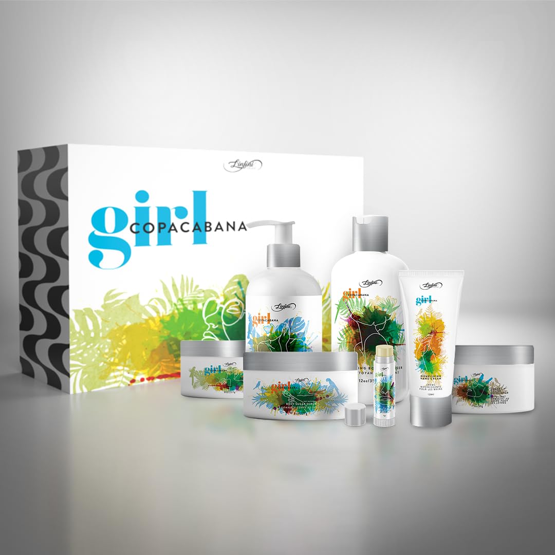 L'infini Naturel Copacabana Girl Luxury Skincare Gift Set - 7 Piece Collection with Body Lotion, Sugar Scrub, Moisturizing Cream, Cleanser & Lip Polish | Perfect Spa Day Gift for Women, Birthday & Self Care Pampering