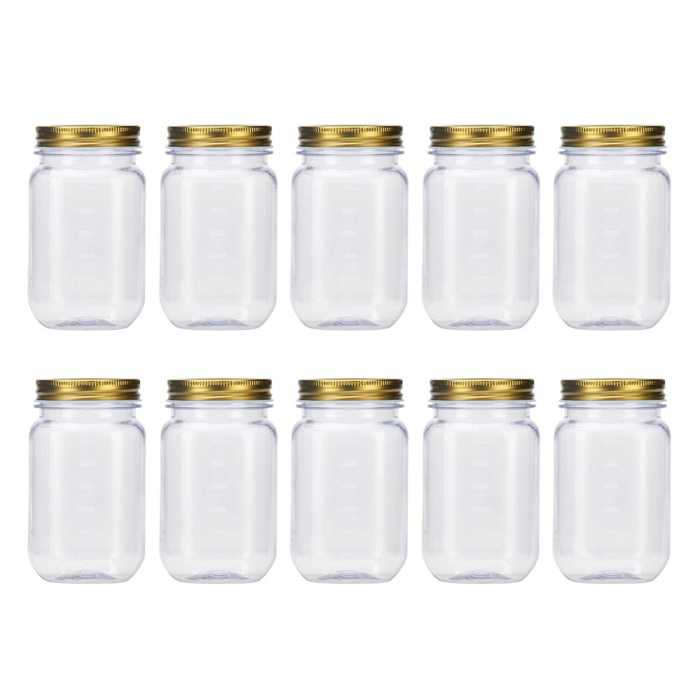 Novelinks 16oz Clear Plastic Jars with Gold Lids - 10 Pack BPA-Free Refillable Round Storage Containers for Kitchen Pantry Organization, Bathroom Essentials & Craft Supplies - Perfect for Spices, Cotton Balls, Beads and DIY Projects