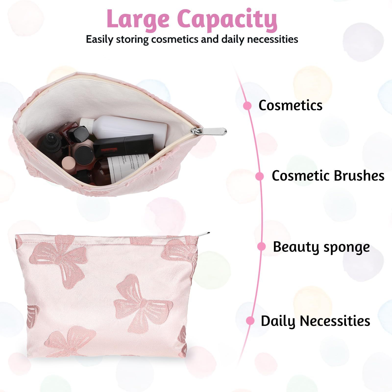 Large Makeup Bag for Women - Cute Aesthetic Preppy Cosmetic Pouch with Zipper, Bow Design & Canvas Material | Travel Toiletry Organizer, Skincare Storage | Perfect for Travel, Gym, Daily Use & Gift Giving
