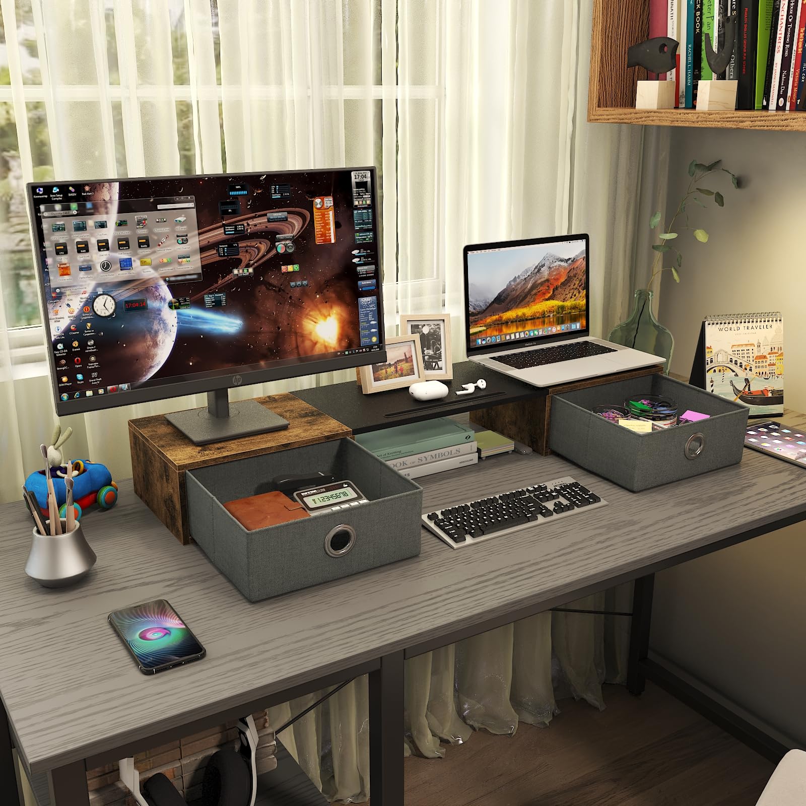 WESTREE Dual Monitor Stand Riser with 2 Drawers - Extra Large Storage for Computer Monitors, Laptop, Printer & TV - Desktop Organizer for Home Office & Gaming Setup