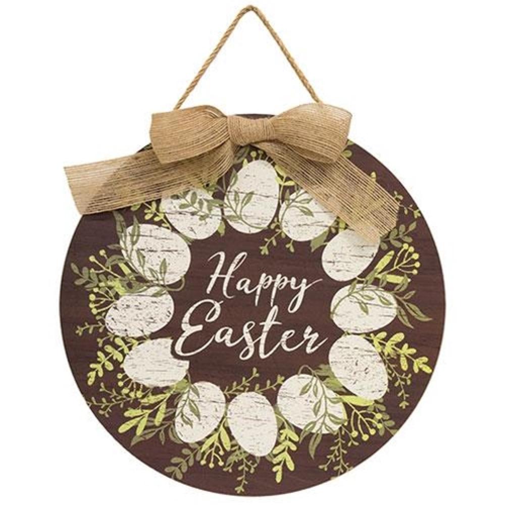 Happy Easter Wreath Round Sign with Burlap Bow - Spring Home Decor for Front Door, Wall & Mantel
