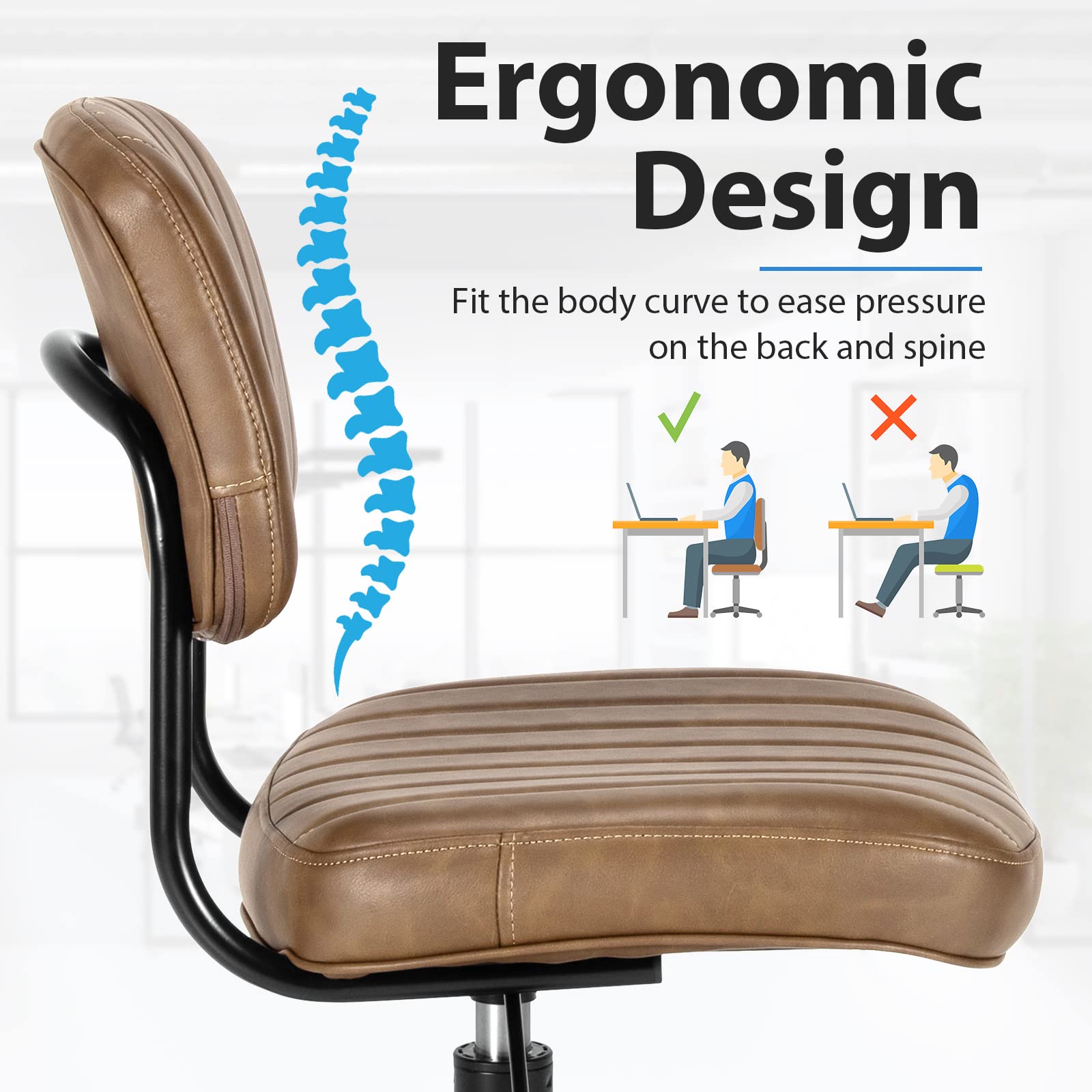 COSTWAY Armless Desk Chair with Wheels - PU Leather Low Back Computer Task Chair with Lumbar Support, Height Adjustable Rolling Office Chair for Home, Kids, Teens & Adults (Brown) - Perfect for Study, Work & Gaming