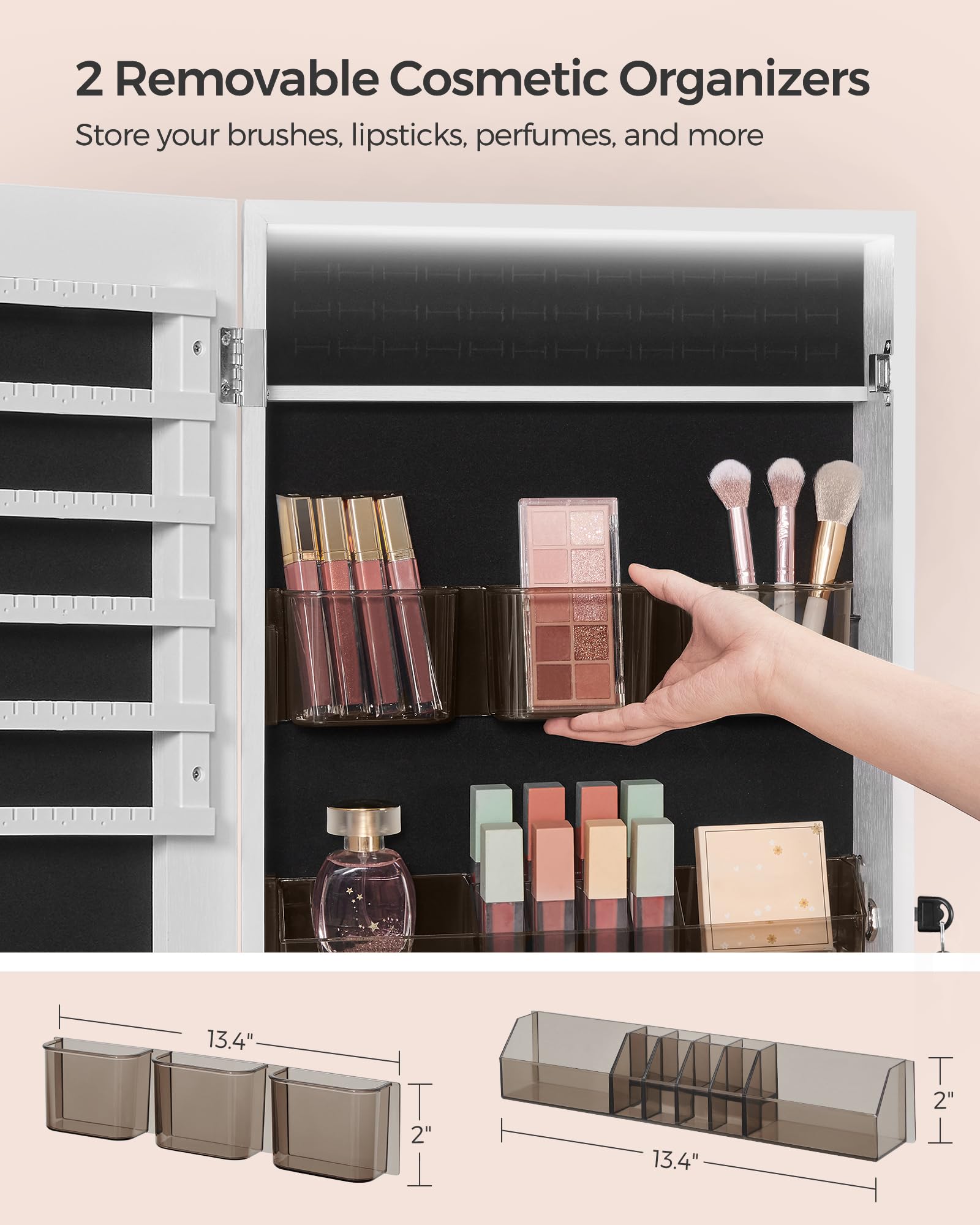 SONGMICS LED Mirror Jewelry Cabinet Armoire with 2 Cosmetic Organizers - Wall/Door Mounted Lockable Jewelry Storage Organizer, Frameless Mirror Cabinet for Bedroom, Bathroom & Dressing Room - White UJJC011W01