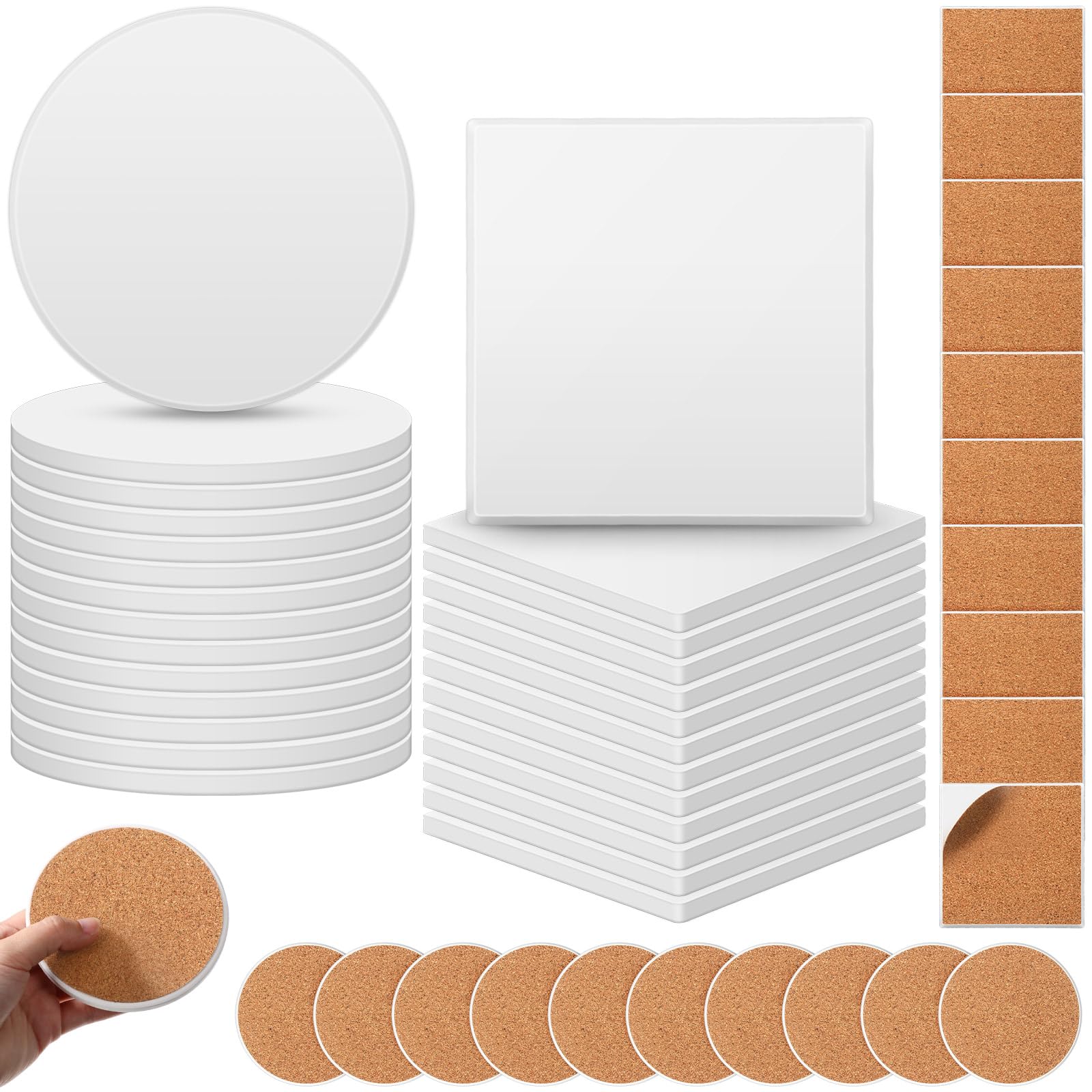 48 Pcs White Unglazed Ceramic Coasters with Cork Backing - Square & Round DIY Craft Tiles for Painting, Home Decor, Wedding Favors & Gift Making - Perfect for DIY Projects, Art Classes & Personalized Gifts