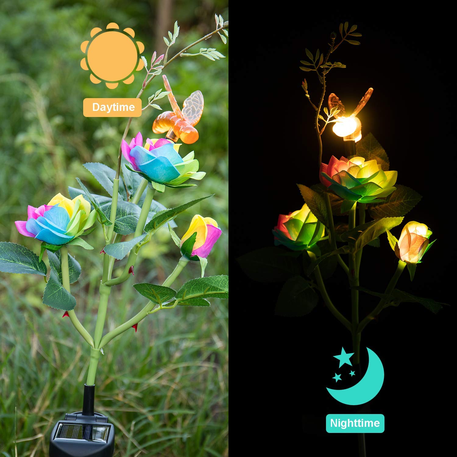 Ubersweet® Solar LED Flower Lights - Rose & Bee Shaped Garden Stake Lights for Pathway, Walkway, Lawn, Patio & Backyard | Waterproof Solar Powered Outdoor Landscape Lighting | Perfect for Romantic Garden Decor, Wedding Decorations & Nighttime Ambiance