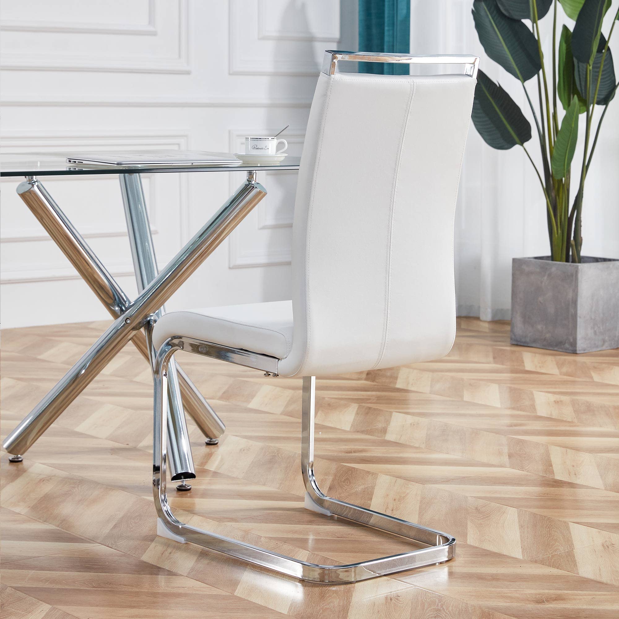 AZmac Modern Leather Dining Chairs Set of 4 - Armless Kitchen Chairs with Upholstered Padded Seat & Sturdy Chrome Legs - White PU Leather for Dining Room, Kitchen, Restaurant, Office & Home Decor