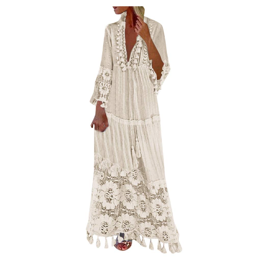 Jsaierl Women's Bohemian Floral Lace Maxi Dress - V Neck Short Sleeve Tassel Long Dress Plus Size, Perfect for Beach Vacation, Summer Party & Boho Fashion Outfits