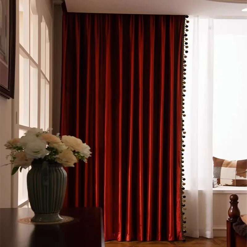 Luxury European Pompom Lace Velvet Curtains - Dark Red Window Drapes for Living Room, Bedroom & Home Decor