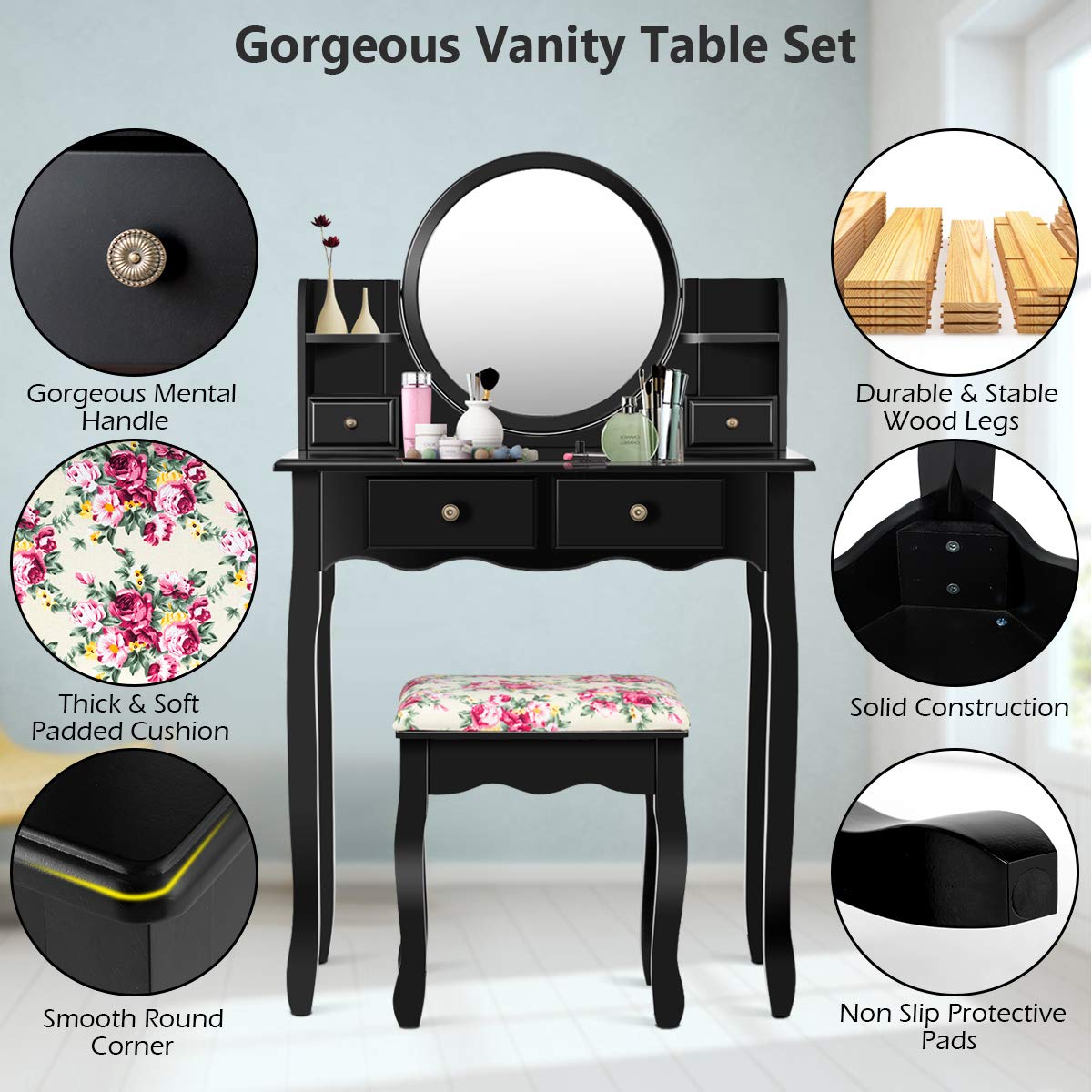 Charmaid Vanity Set with 4 Storage Shelves & 4 Drawers, Makeup Dressing Table with 360° Swivel Mirror, Cushioned Stool & Organizers - Elegant Black Vanity Desk for Women & Girls | Perfect for Bedroom, Dorm Room & Beauty Salon Makeup Station