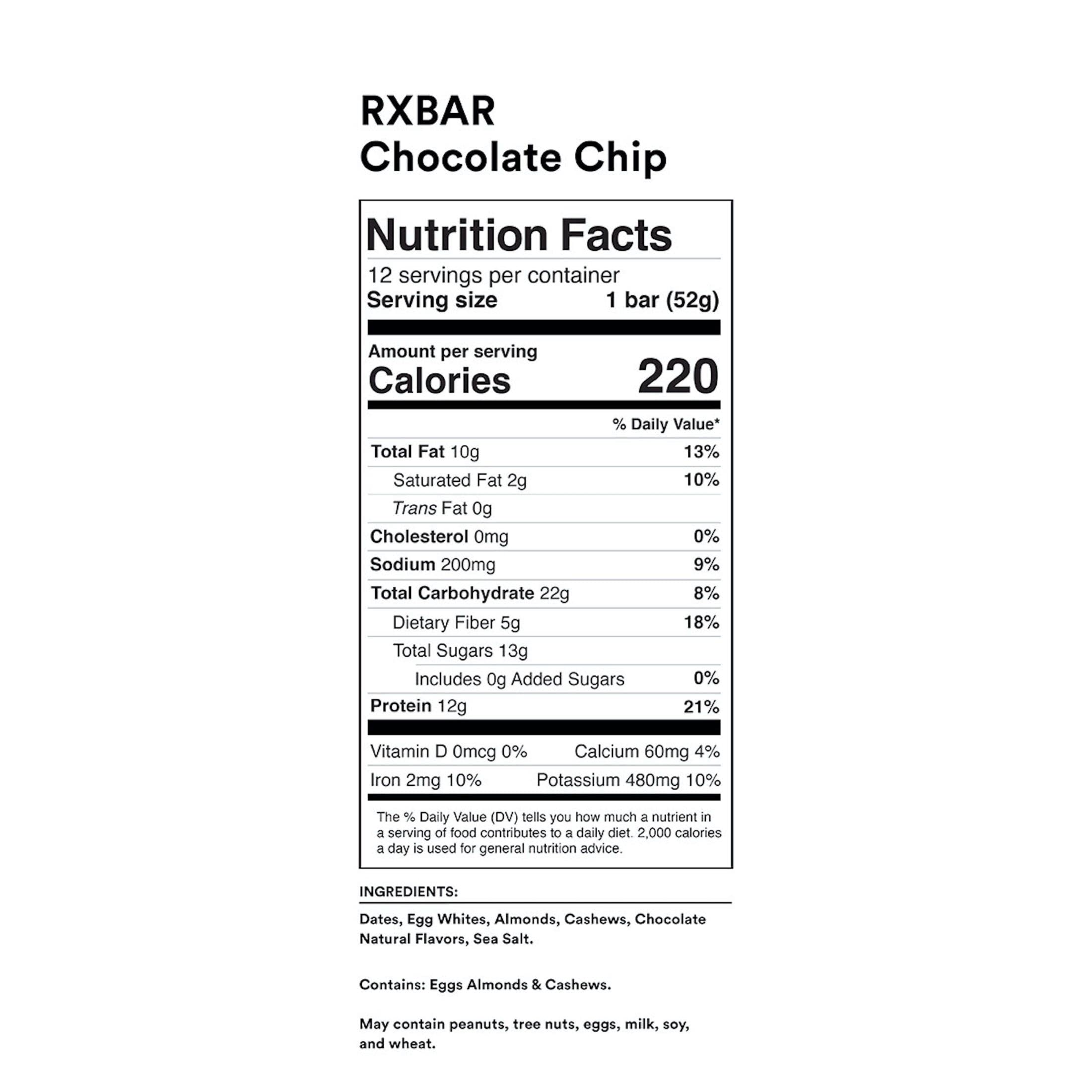 RXBAR Protein Bars - Chocolate Chip Flavor, 12 Pack (22oz) | High Protein Snack for Energy & Recovery | Perfect for Gym, Hiking & On-the-Go Nutrition