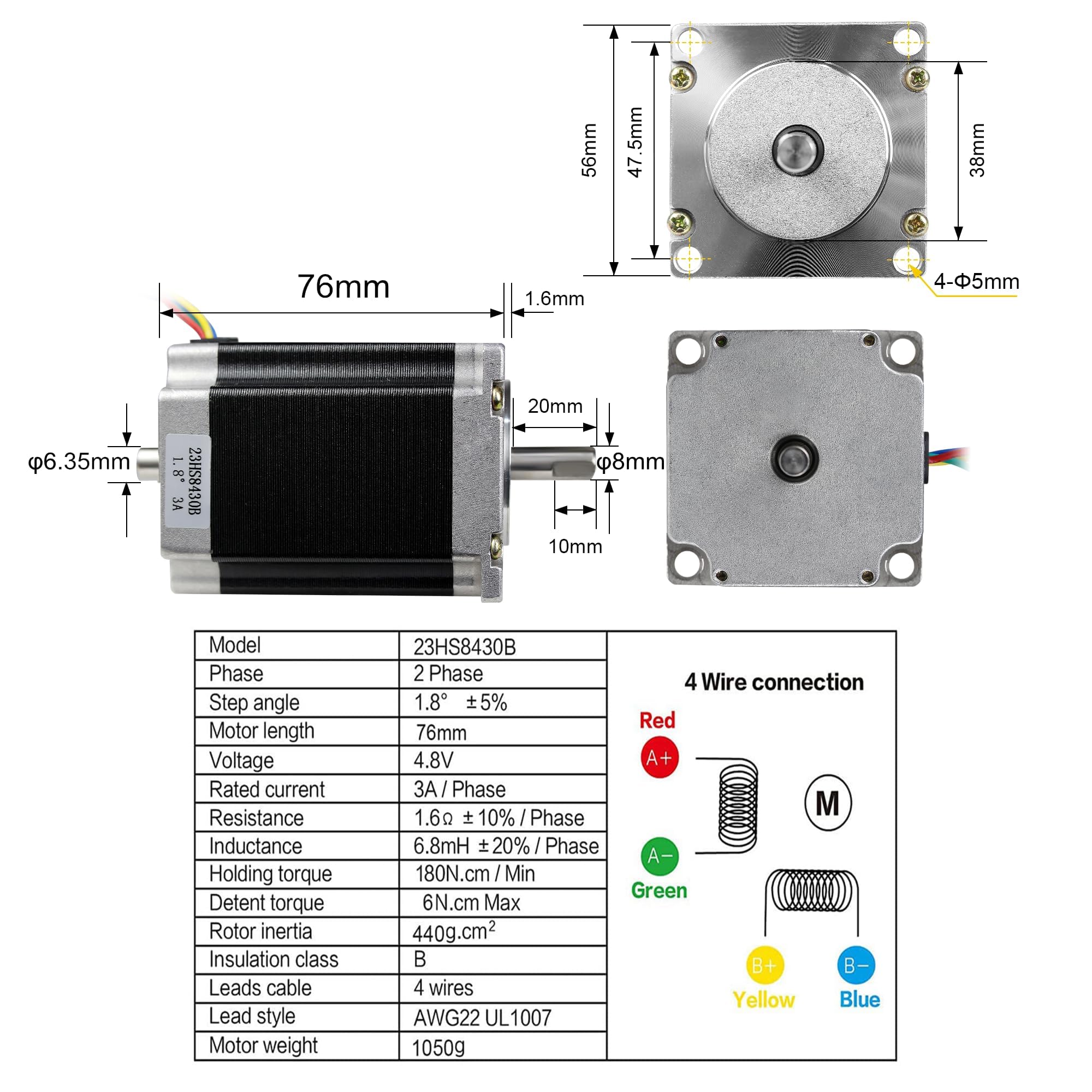 Nema23 Stepper Motor 76mm Dual Shaft 3A 270oz-in 4 Lead Wire - High Torque CNC Router, Engraving Machine, Milling & 3D Printer Motor | Perfect for DIY CNC Projects, Laser Cutters, and Automation Systems