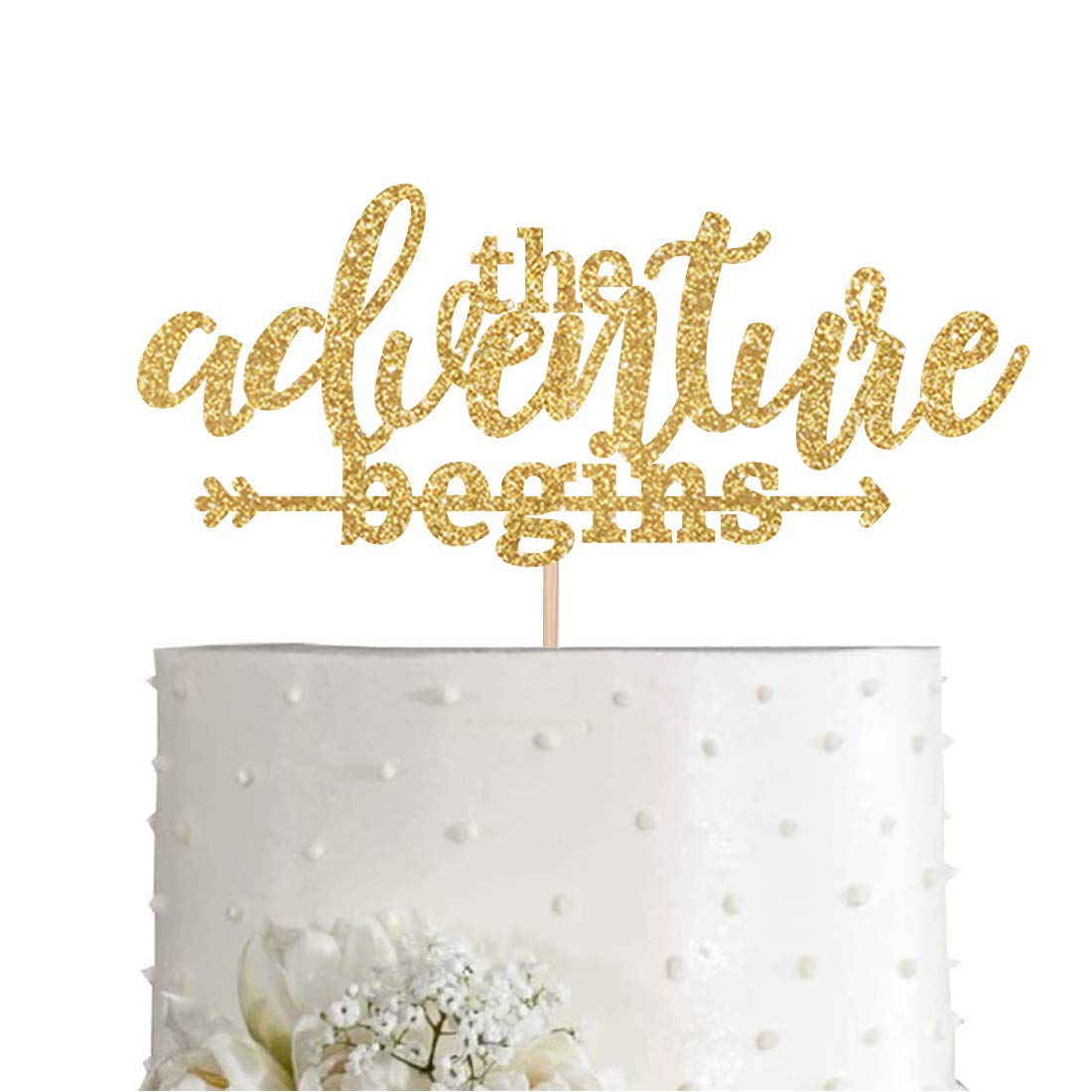 Gold Glitter 'The Adventure Begins' Cake Topper - Wedding Arrow Decor for Bridal Showers & Engagement Parties - Perfect for Anniversary Cakes, Baby Showers & Romantic Celebrations