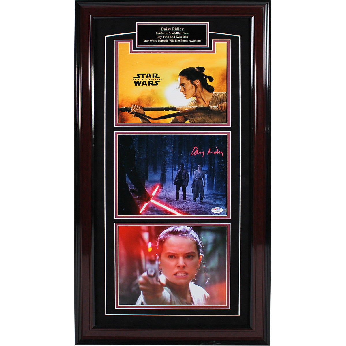 Daisy Ridley Autographed Star Wars The Force Awakens Battle on Starkiller Base 3-Photo Framed Collage with Nameplate (14x29 Inches) - Perfect for Star Wars Collectors and Home Theater Decor