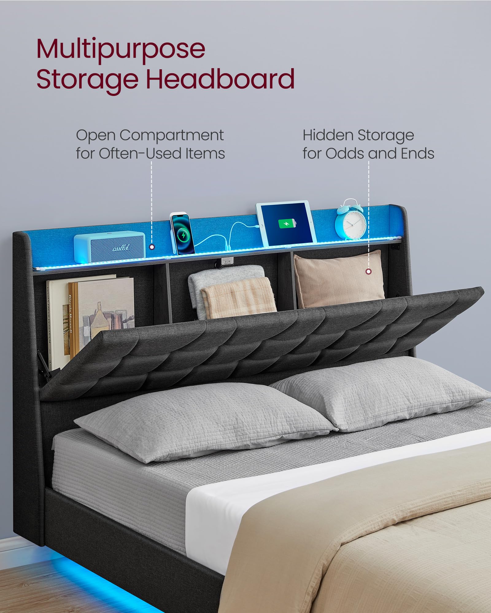 VASAGLE Full Size Floating Bed Frame with LED Lights, USB Charging Station, Tufted Storage Headboard - Upholstered Platform Bed Frame No Box Spring Needed, Dark Gray - Modern Bedroom Furniture for Small Spaces & LED Lighting Ambience