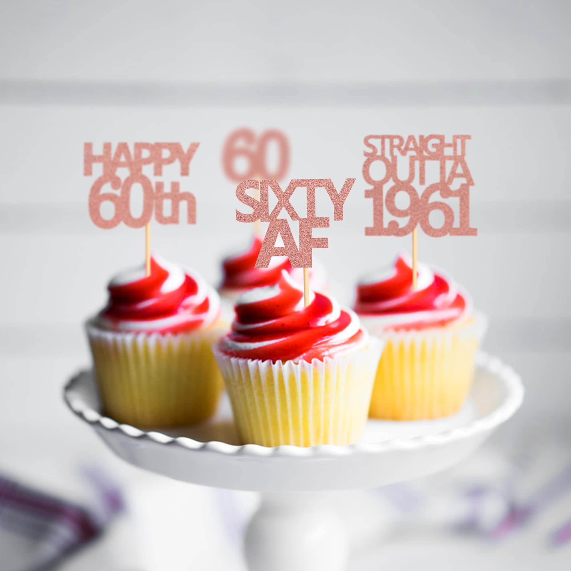 60th Birthday Cupcake Toppers - 48 Pack Rose Gold 